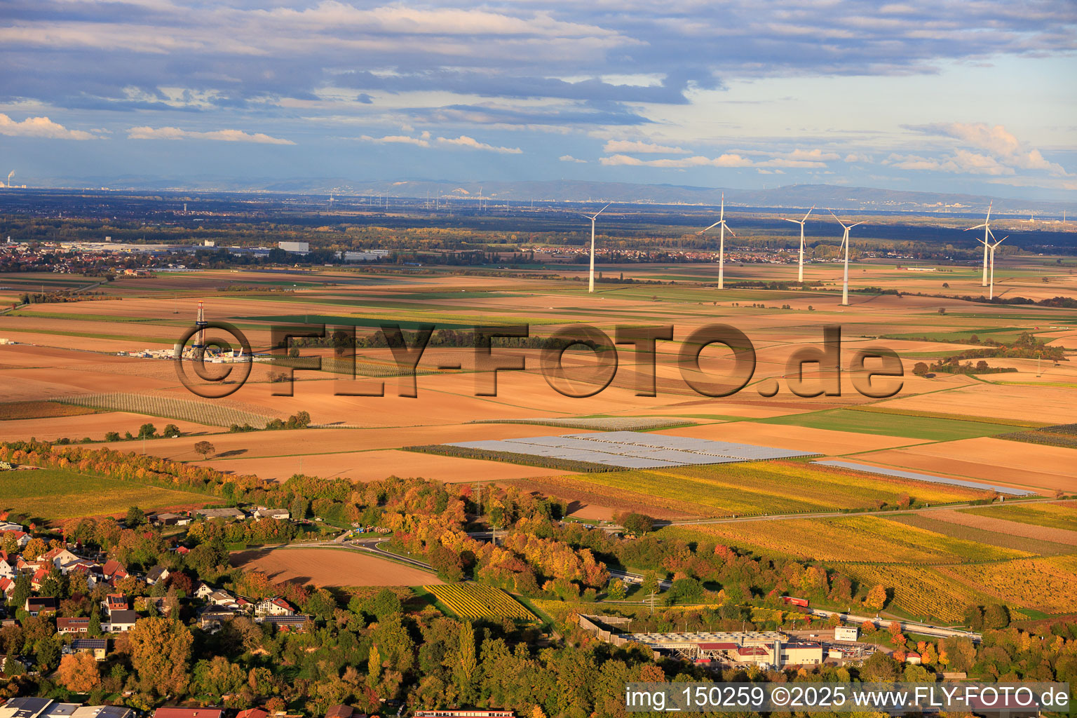 Aerial view of Geothermal power plant Insheim for lithium extraction by Vulcan Energy GmbH in the background Rig V20 of Vercana GmbH and the Offenbach wind farm in Insheim in the state Rhineland-Palatinate, Germany