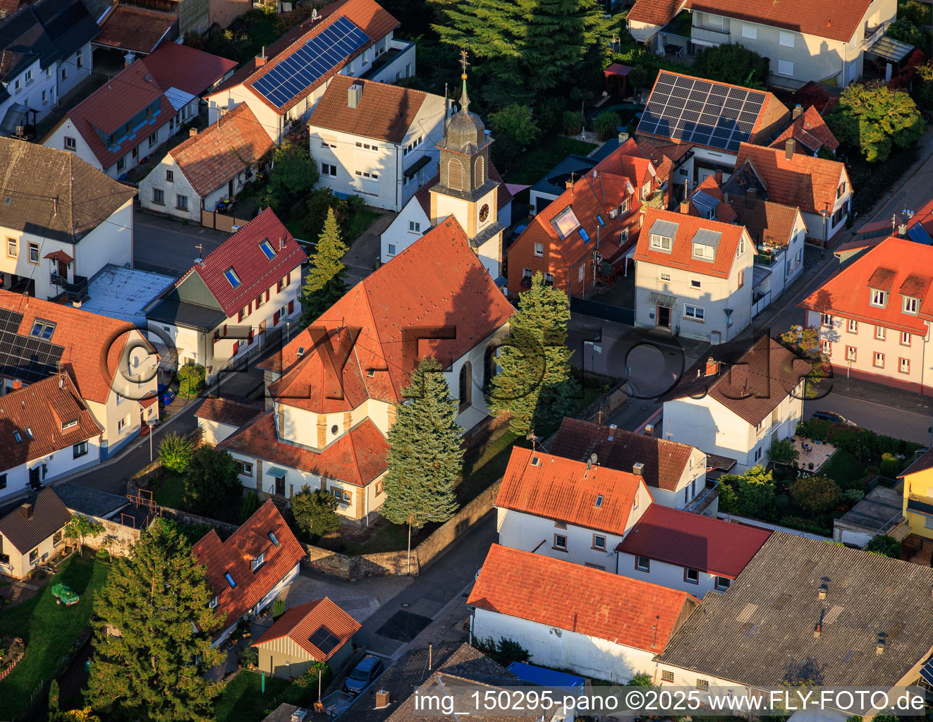 Aerial view of Church of St. Martin in the district Mörlheim in Landau in der Pfalz in the state Rhineland-Palatinate, Germany