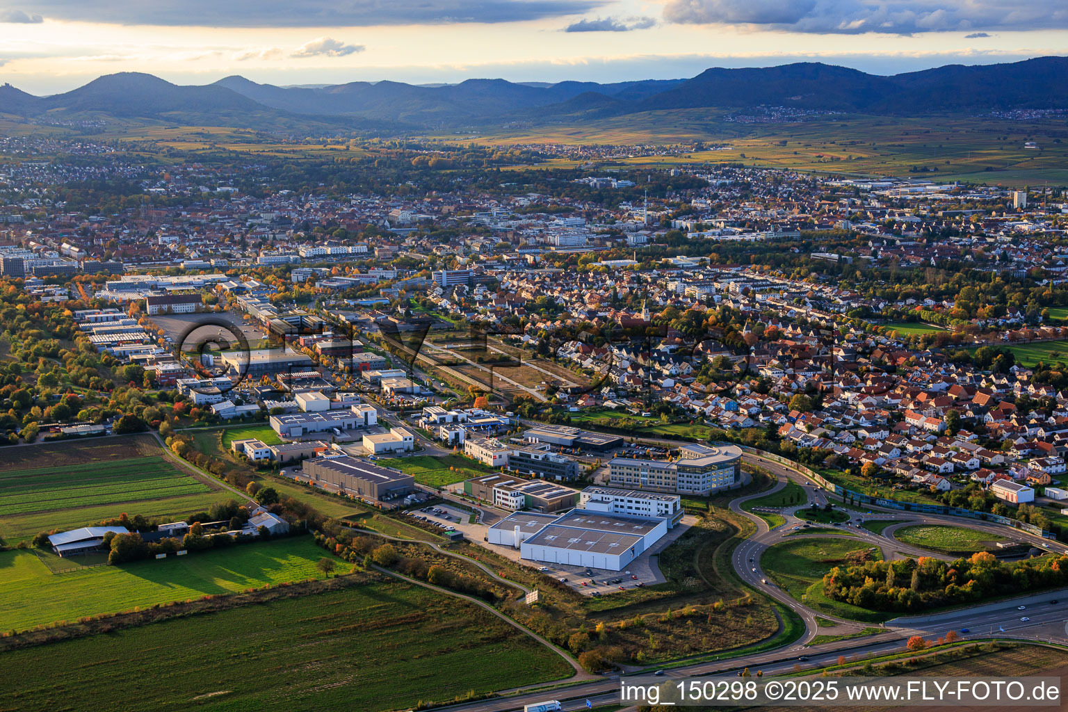 City view from the east at the Landau Mitte exit of the A65 in the district Queichheim in Landau in der Pfalz in the state Rhineland-Palatinate, Germany
