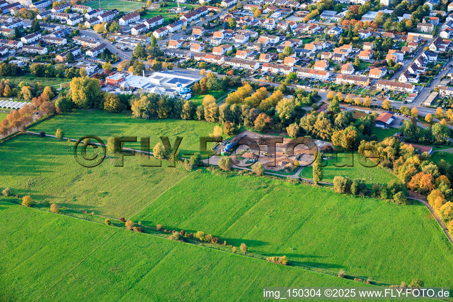 Aerial view of Dismantling of the oil production facilities on the Queich in the district Queichheim in Landau in der Pfalz in the state Rhineland-Palatinate, Germany