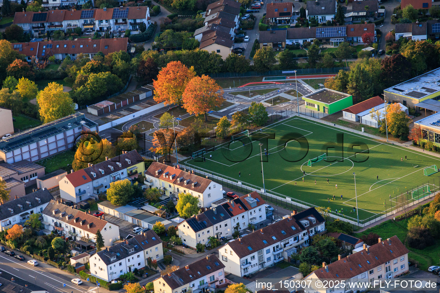 Football pitch and clubhouse of FSV Azzurri Landau 1982 eV in the district Queichheim in Landau in der Pfalz in the state Rhineland-Palatinate, Germany