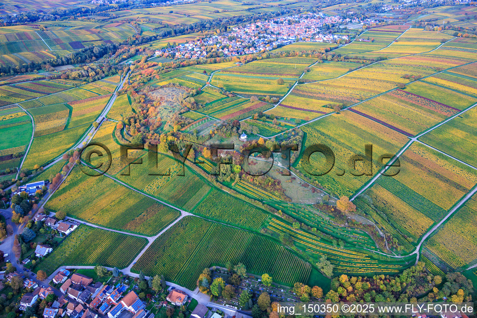 Aerial view of Nature reserve and chapel "Kleine Kalmit" in the district Arzheim in Landau in der Pfalz in the state Rhineland-Palatinate, Germany