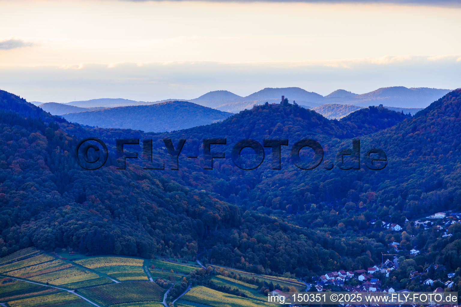 Scharfenberg Castle Ruins in Leinsweiler in the state Rhineland-Palatinate, Germany from above