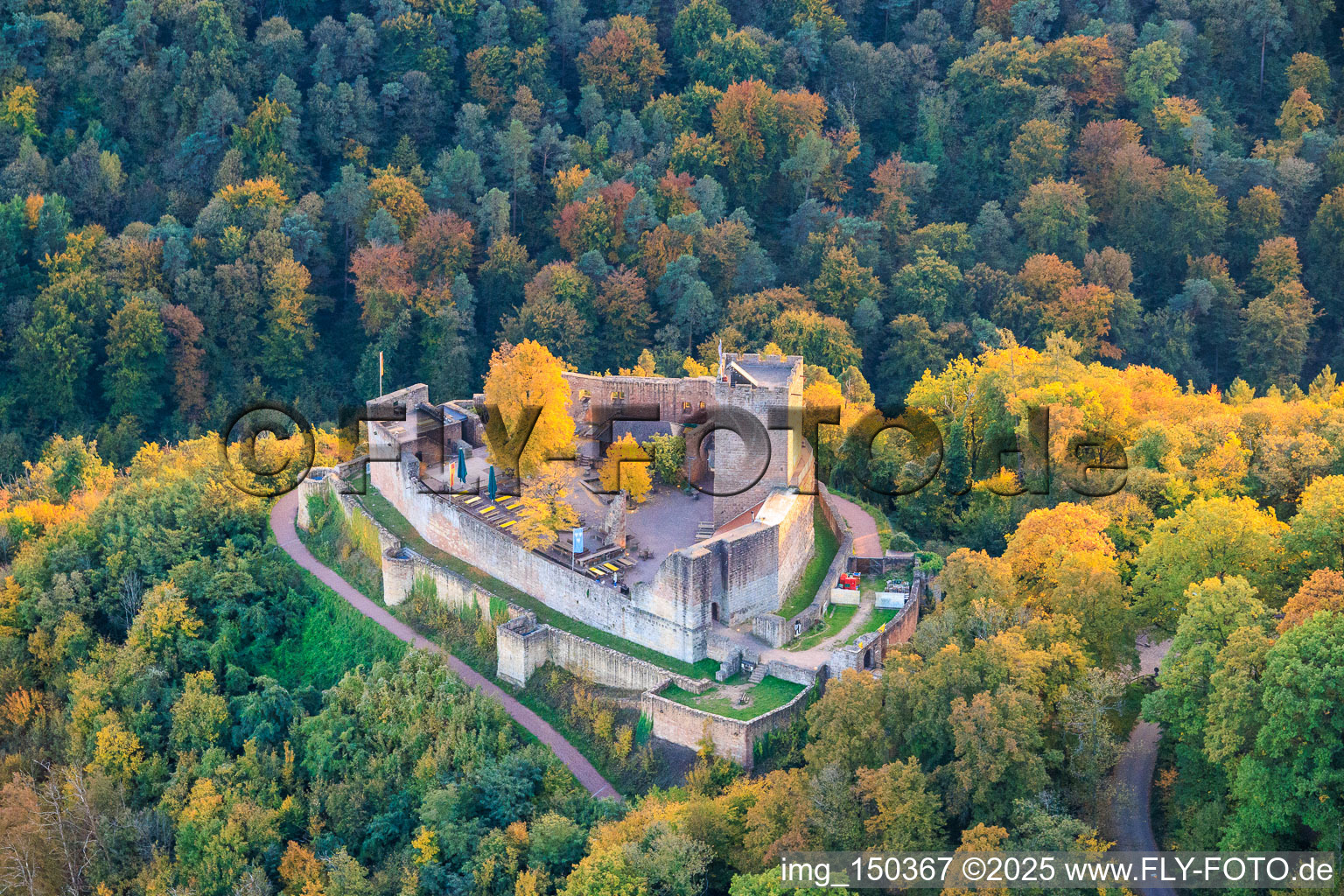 Landeck Castle in autumn evening in Klingenmünster in the state Rhineland-Palatinate, Germany