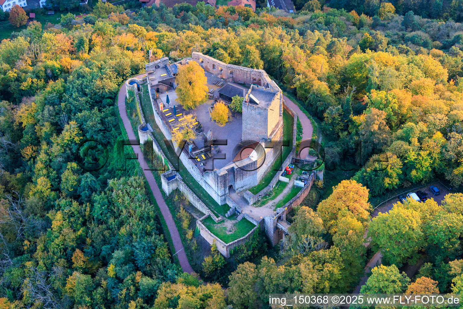 Aerial view of Landeck Castle in autumn evening in Klingenmünster in the state Rhineland-Palatinate, Germany