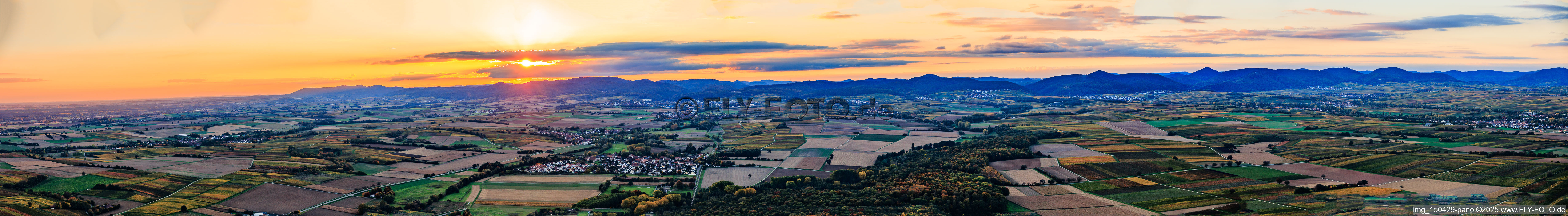 Panorama of the Haardt mountains in the evening on the southern wine route from Schweigen to Mörzheim in Niederhorbach in the state Rhineland-Palatinate, Germany