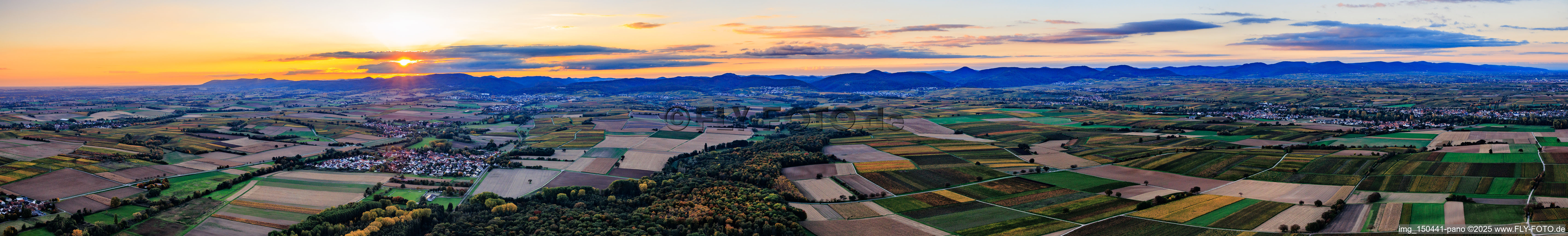 Panorama of the Haardt mountains in the southern wine route in the evening from Wissembourg to Landau in the district Mühlhofen in Billigheim-Ingenheim in the state Rhineland-Palatinate, Germany