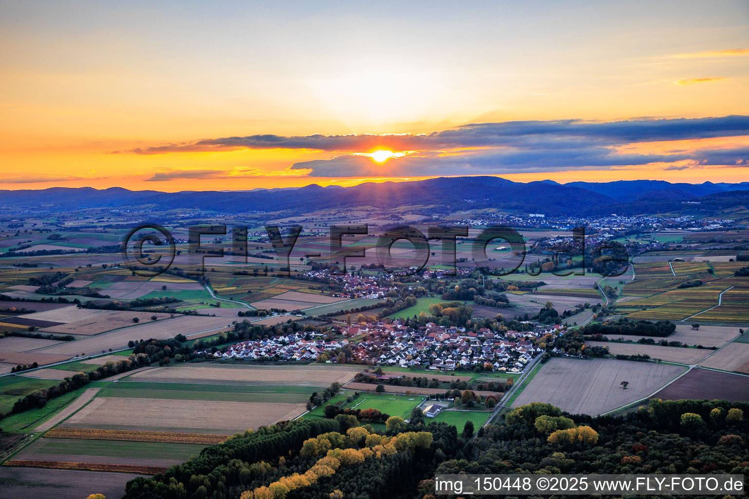 View of the town from the east at sunset in Barbelroth in the state Rhineland-Palatinate, Germany