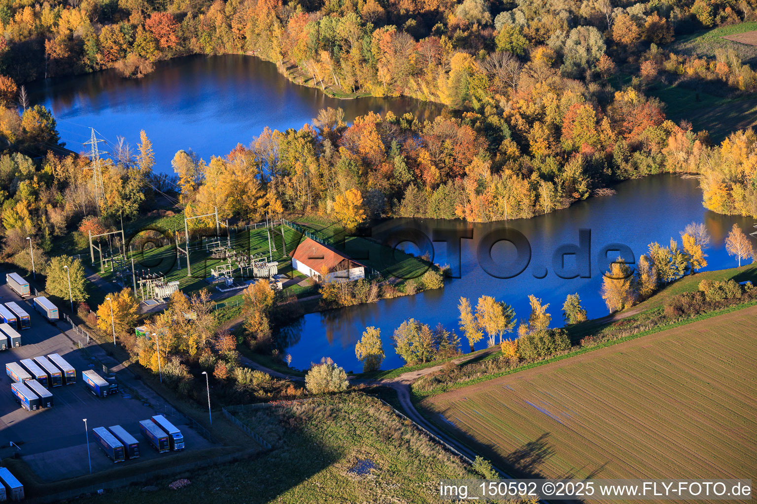 Fishing pond with substation in Offenbach an der Queich in the state Rhineland-Palatinate, Germany