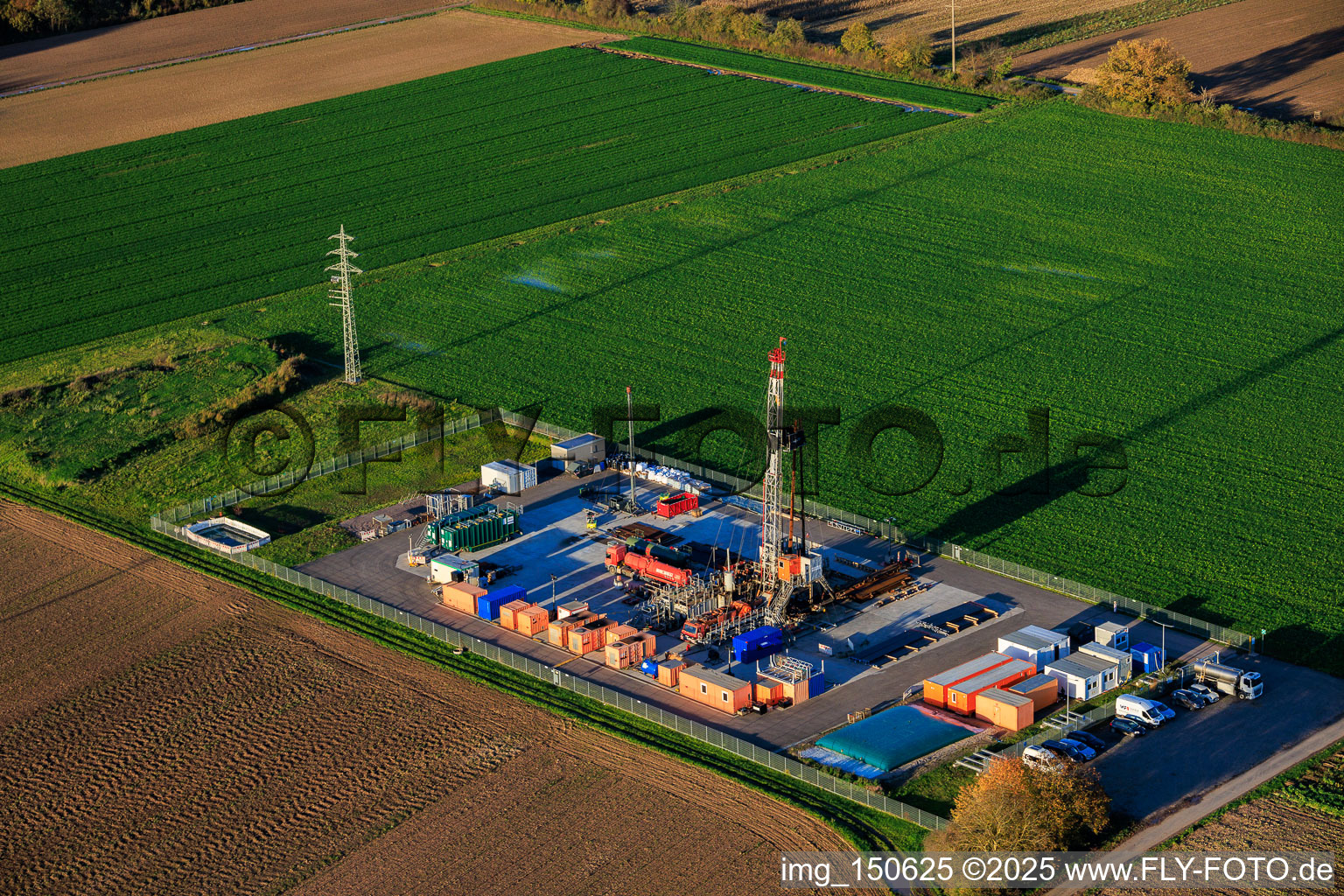 Aerial view of Exploratory drilling for oil by Palatina GeoCon GmbH & Co. KG (SCWH1) in Schwegenheim in the state Rhineland-Palatinate, Germany
