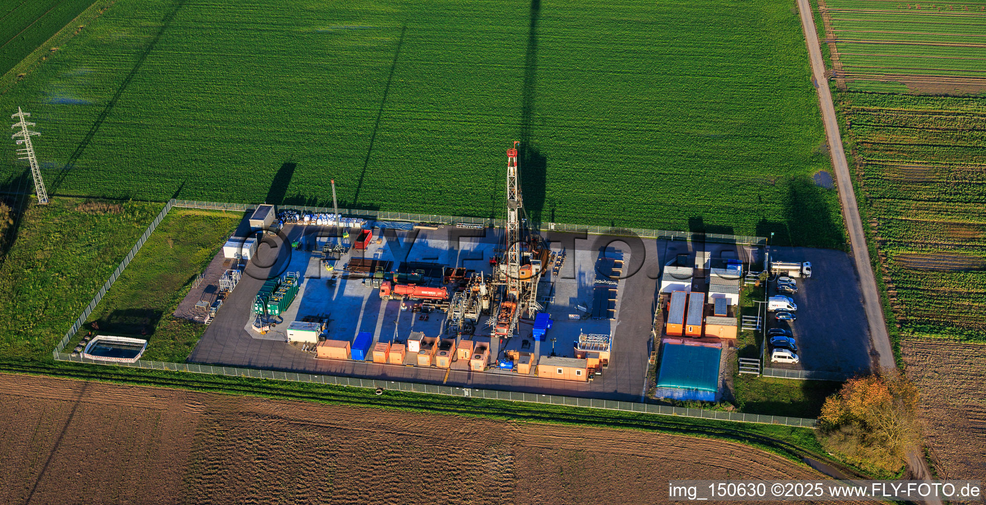 Oblique view of Exploratory drilling for oil by Palatina GeoCon GmbH & Co. KG (SCWH1) in Schwegenheim in the state Rhineland-Palatinate, Germany