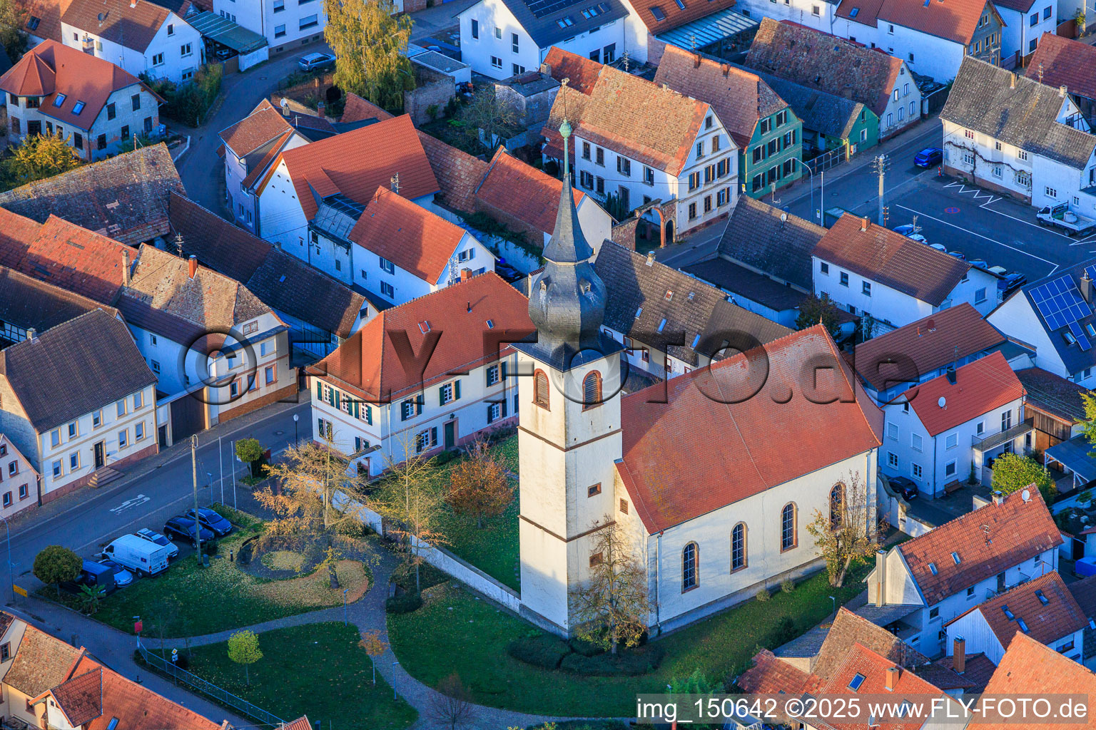 Protestant Church and Church Park in Freisbach in the state Rhineland-Palatinate, Germany