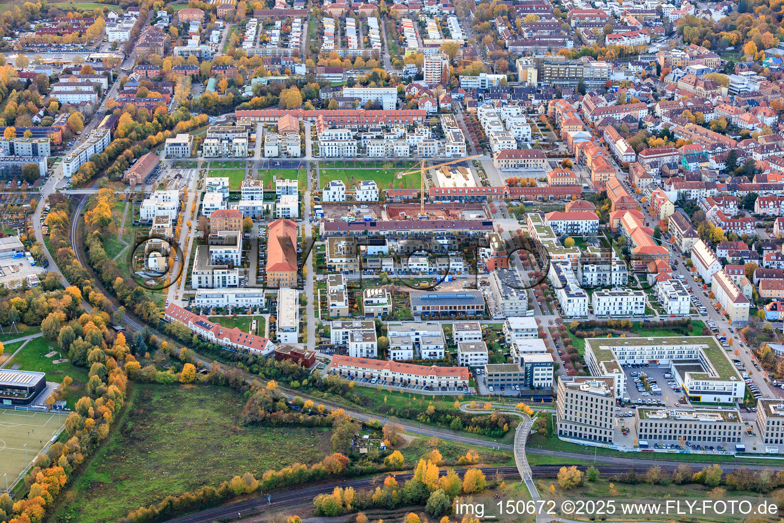 Horseshoe-shaped residential and commercial area enclosed by the railway line in Hans-Stempel-Straße and Fritz-Siegel-Straße (former state garden show grounds) in Landau in der Pfalz in the state Rhineland-Palatinate, Germany