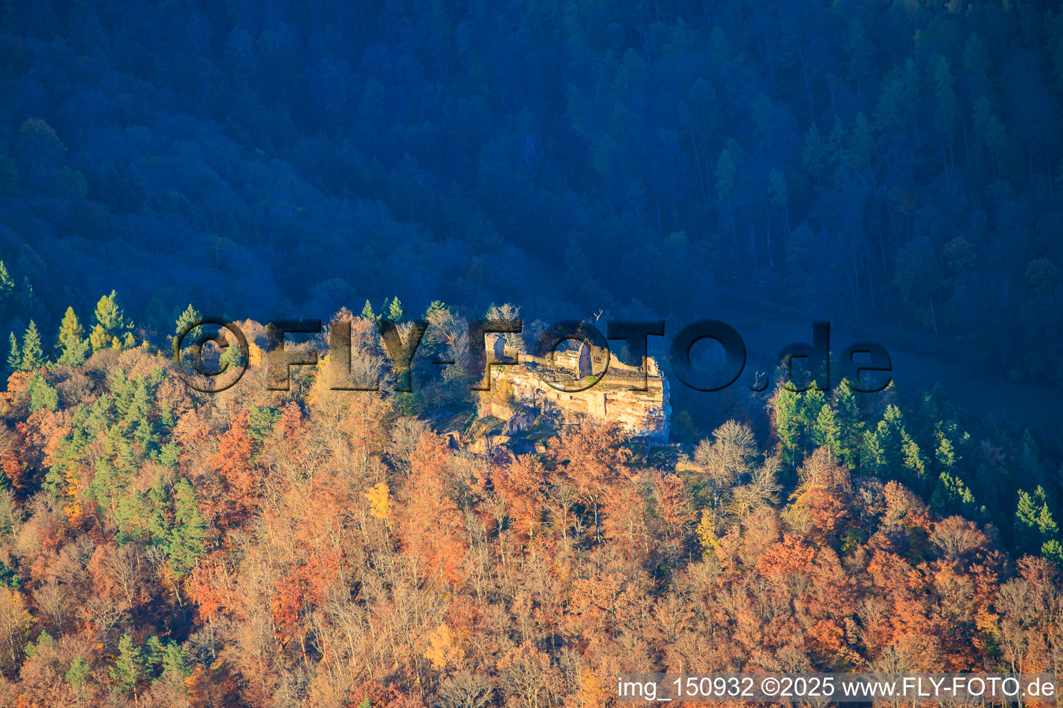 Meisteresel Castle ruins in the autumnal forest in Ramberg in the state Rhineland-Palatinate, Germany