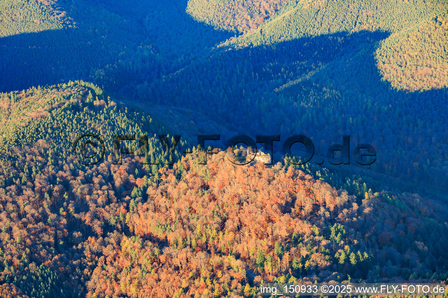 Aerial view of Meisteresel Castle ruins in the autumnal forest in Ramberg in the state Rhineland-Palatinate, Germany