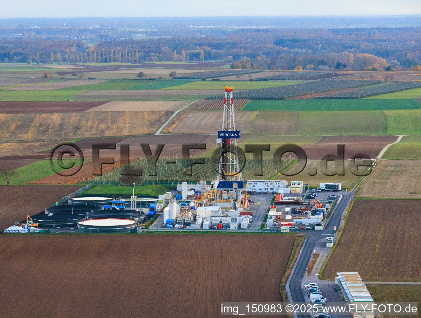 Drilling rig of the V20 deep drilling site of Vulcan Energy at Schleidberg for the extraction of geothermal energy and lithium in Insheim in the state Rhineland-Palatinate, Germany from a drone