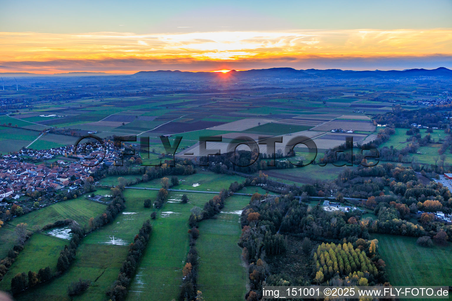 Meadows in the Rohrbach valley at sunset in Steinweiler in the state Rhineland-Palatinate, Germany