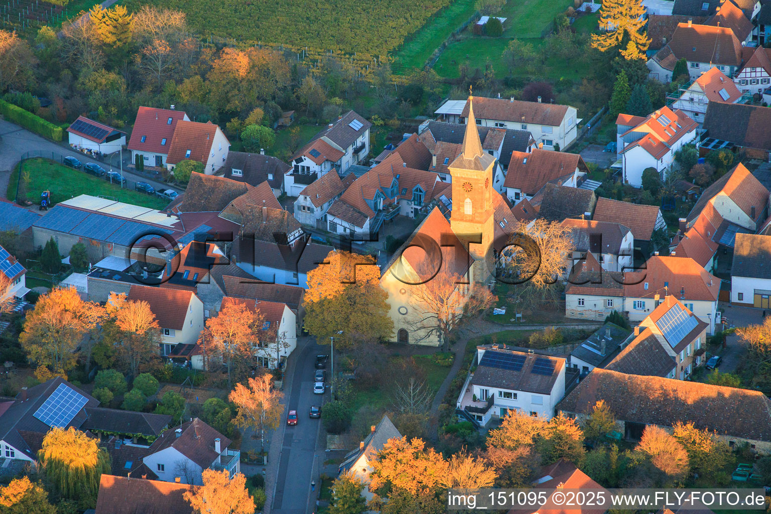Aerial view of St. John's Church in the evening light in the district Nußdorf in Landau in der Pfalz in the state Rhineland-Palatinate, Germany