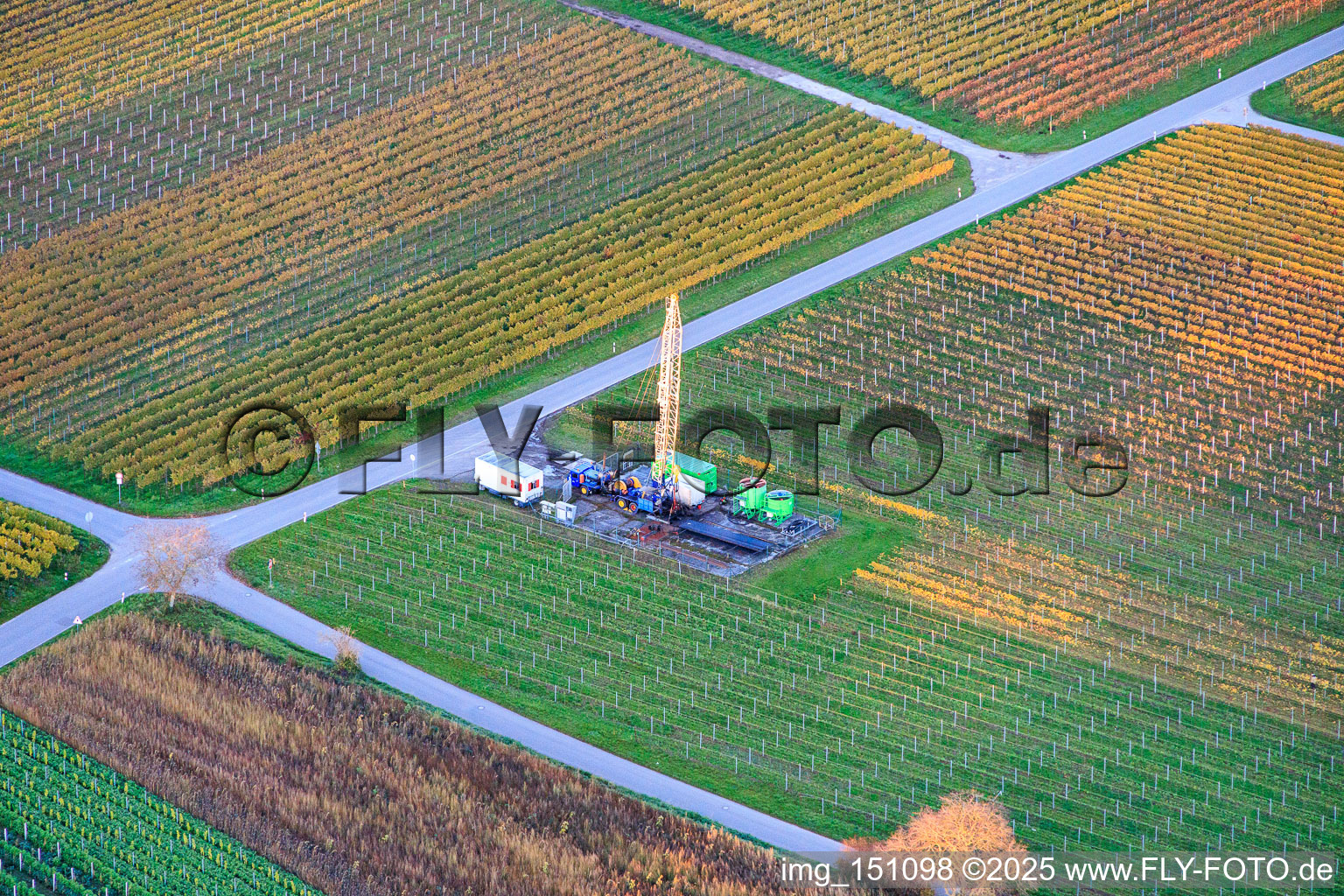 Well drilling work in the vineyard in the district Nußdorf in Landau in der Pfalz in the state Rhineland-Palatinate, Germany