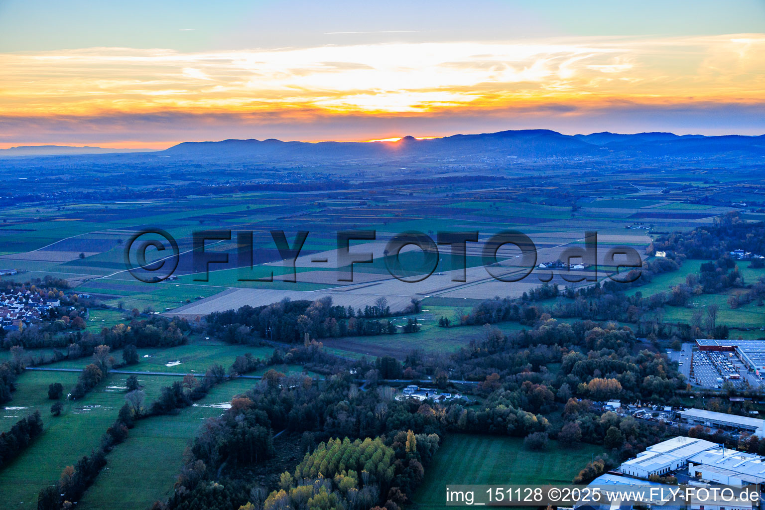 Aerial view of Meadows in the Rohrbach valley at sunset in Steinweiler in the state Rhineland-Palatinate, Germany