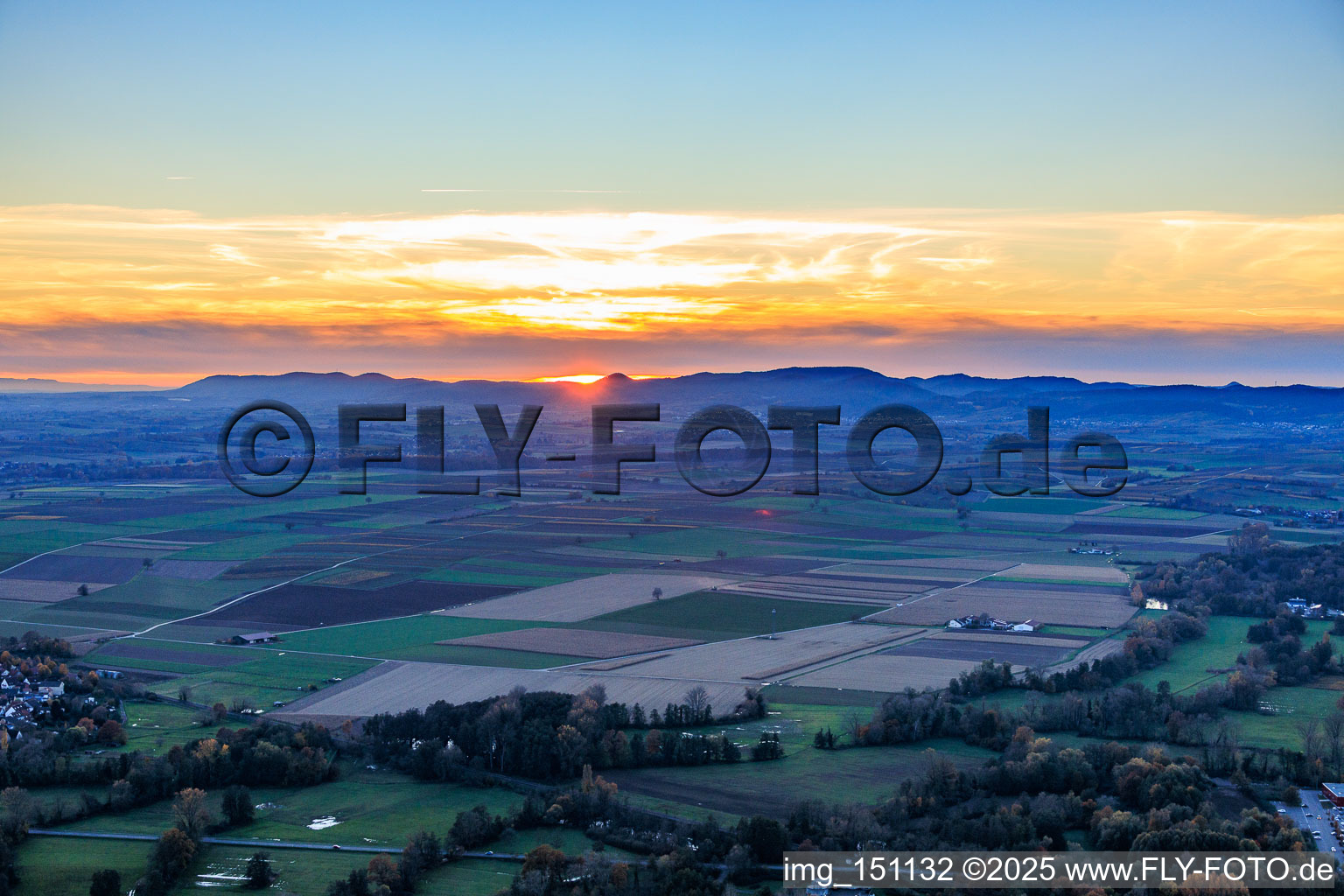 Aerial photograpy of Meadows in the Rohrbach valley at sunset in Steinweiler in the state Rhineland-Palatinate, Germany