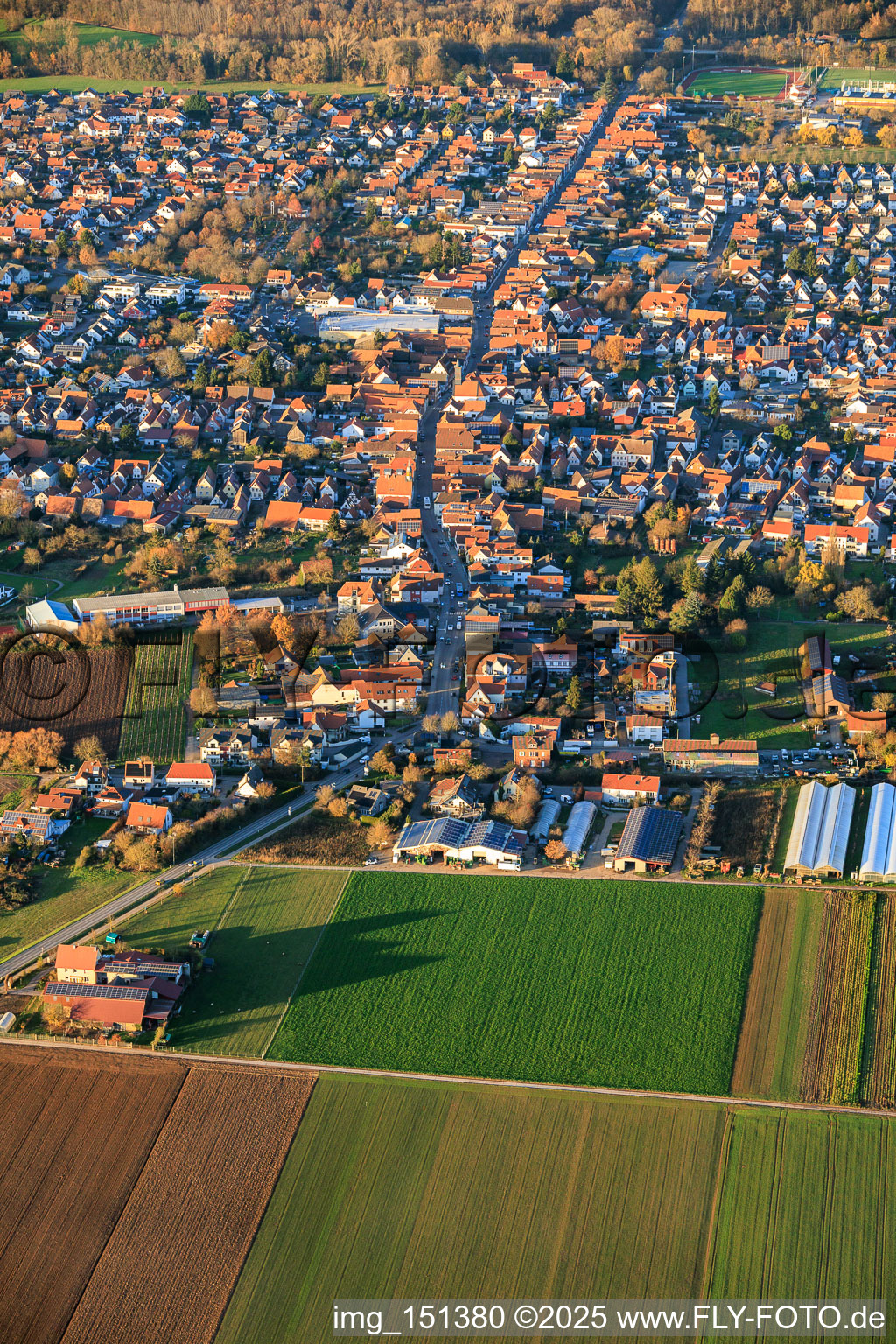 Aerial view of Main street from the south in Offenbach an der Queich in the state Rhineland-Palatinate, Germany