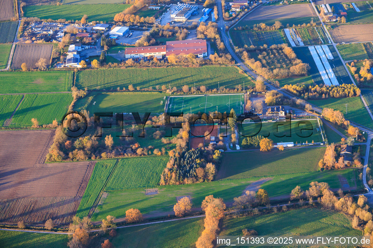 Oblique view of Sports grounds of TB Jahn 1896 eV and TC '86 eV in Zeiskam in the state Rhineland-Palatinate, Germany