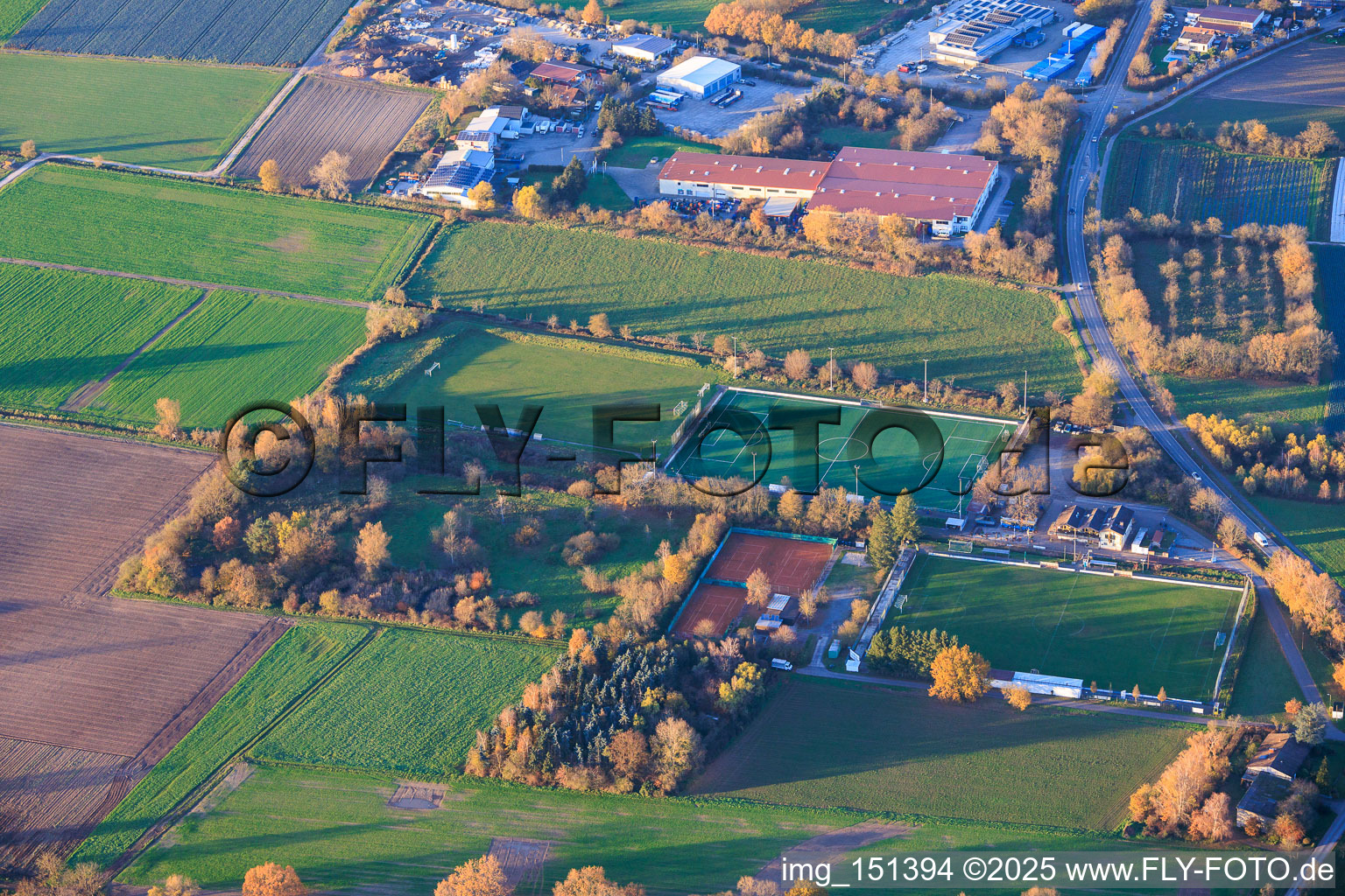 Sports grounds of TB Jahn 1896 eV and TC '86 eV in Zeiskam in the state Rhineland-Palatinate, Germany from above