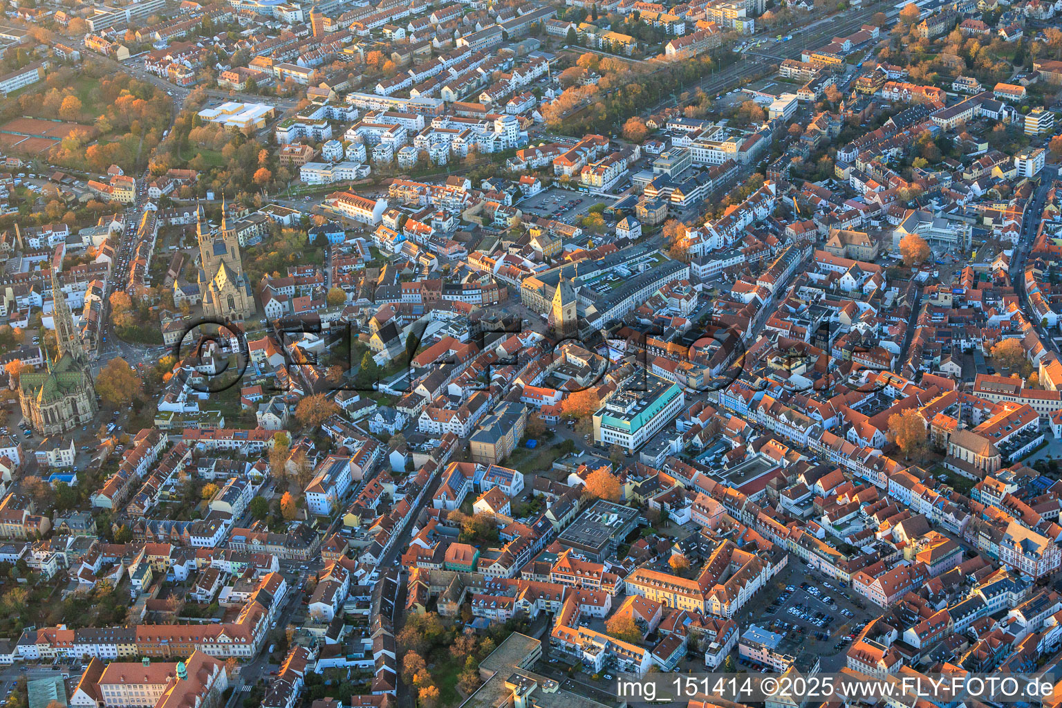 Aerial view of Speyer's old town with Gilgenstraße, Altpörtel and Maximilianstraße in the evening in Speyer in the state Rhineland-Palatinate, Germany