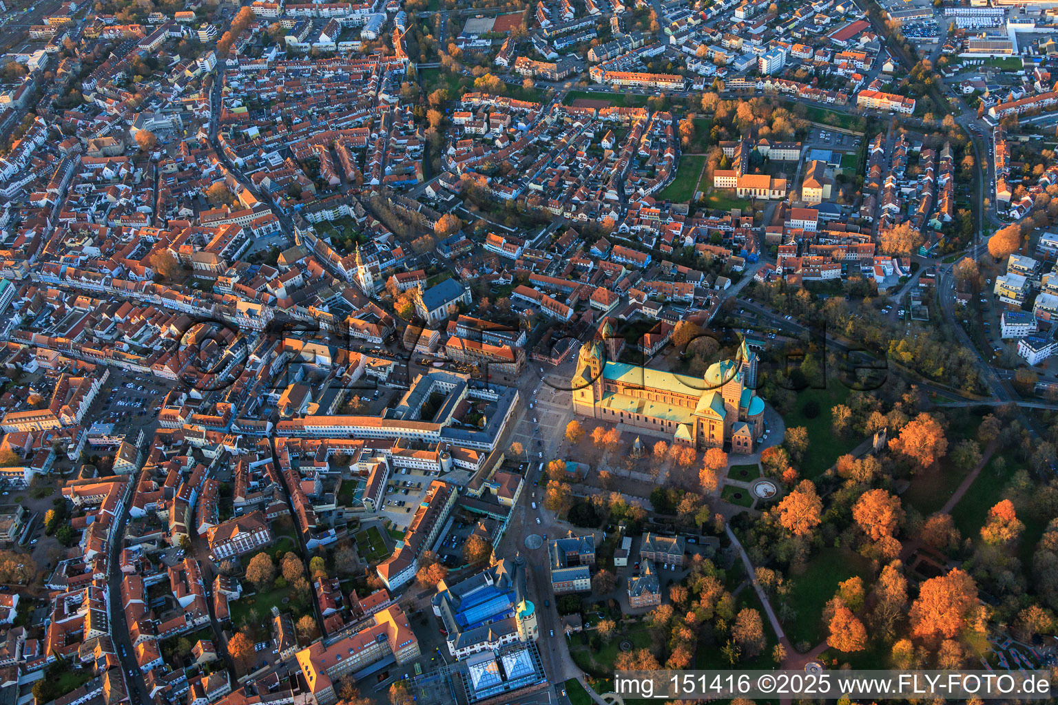 Aerial view of Speyer's old town with Maximilianstrasse in the evening in Speyer in the state Rhineland-Palatinate, Germany