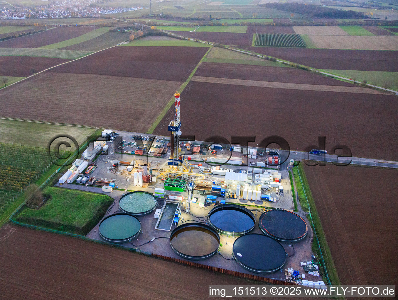 Aerial photograpy of Vulcan Energy's V20 deep drilling site in the evening light at Schleidberg for the extraction of geothermal energy and lithium in Insheim in the state Rhineland-Palatinate, Germany