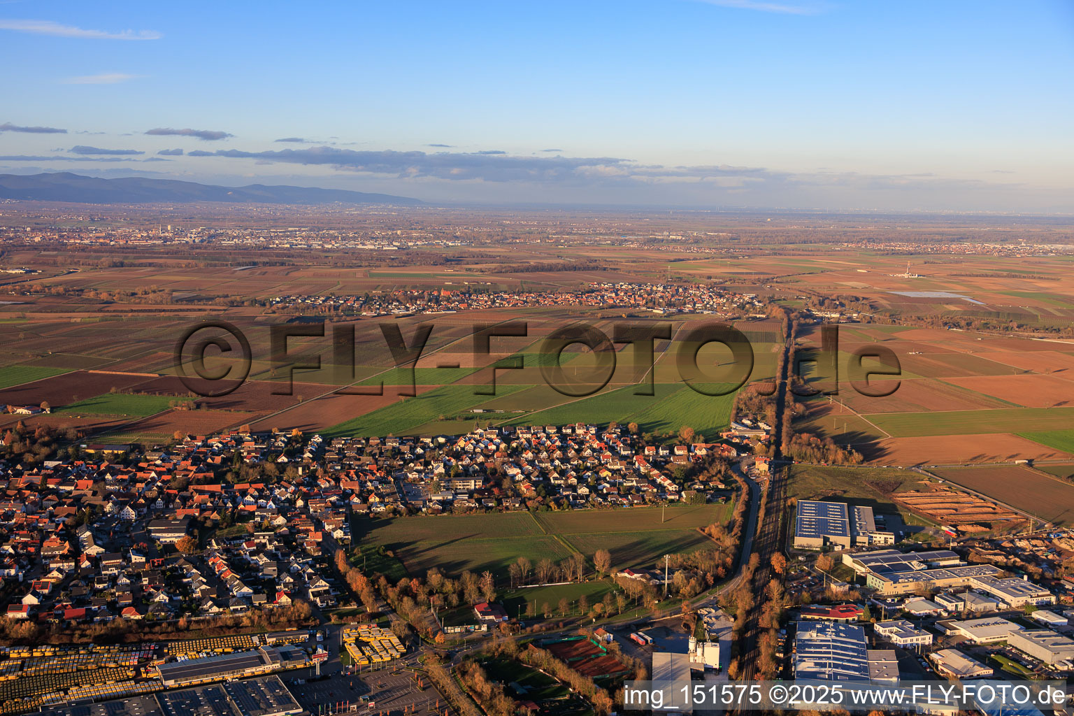 Aerial view of Railway line to Landau in Rohrbach in the state Rhineland-Palatinate, Germany