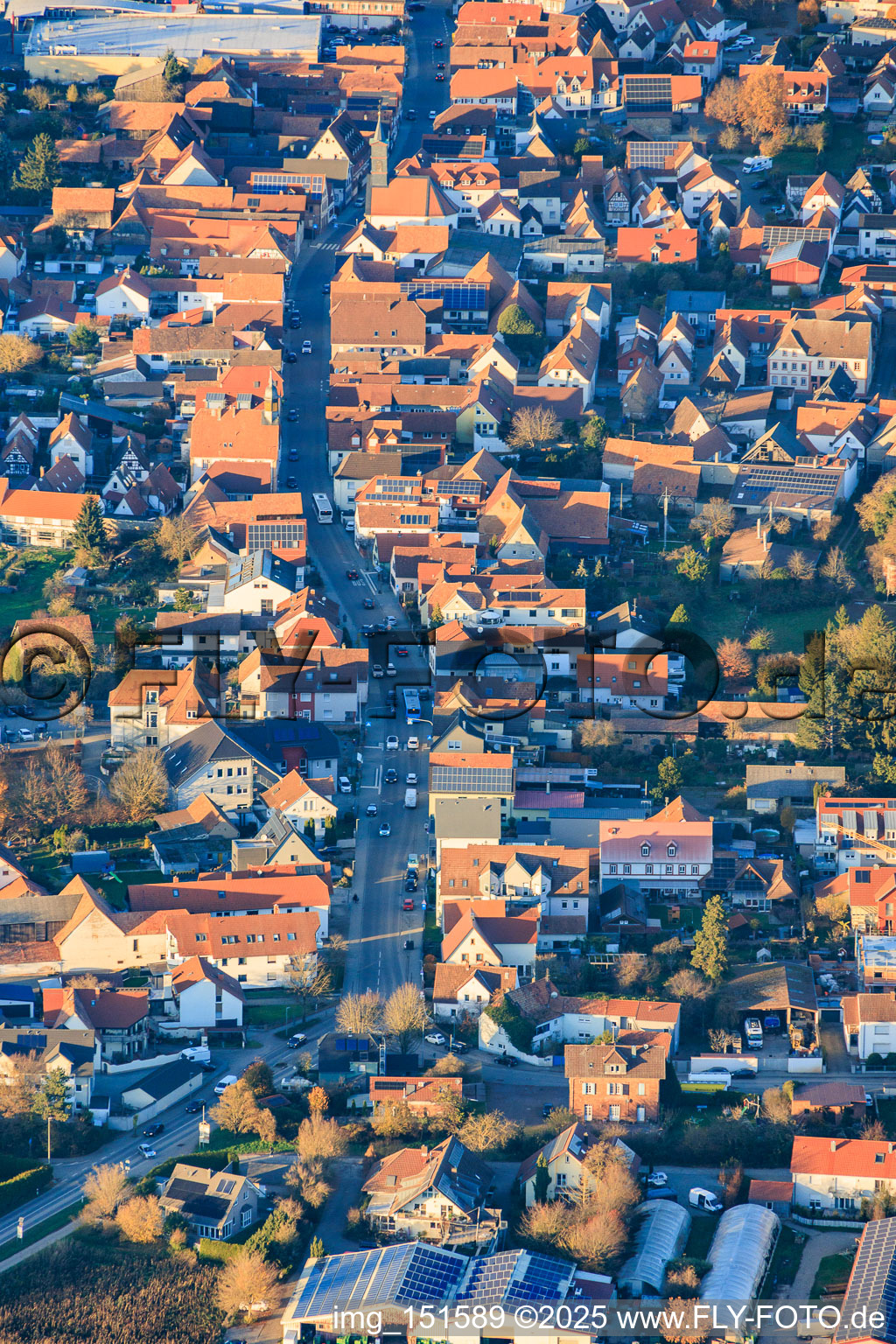 Aerial photograpy of Main street from the south in Offenbach an der Queich in the state Rhineland-Palatinate, Germany