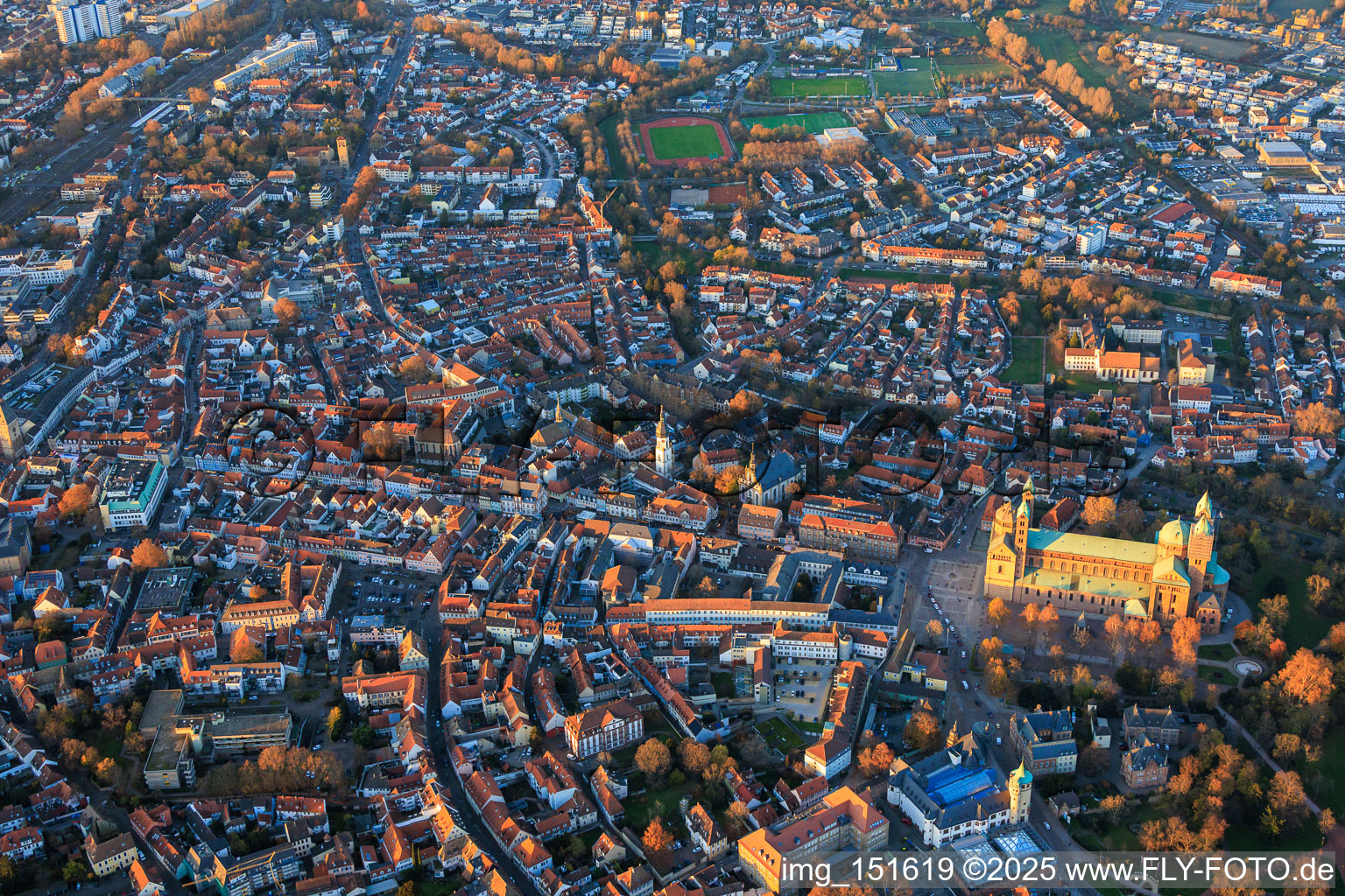 Aerial photograpy of Speyer's old town with Maximilianstrasse in the evening in Speyer in the state Rhineland-Palatinate, Germany