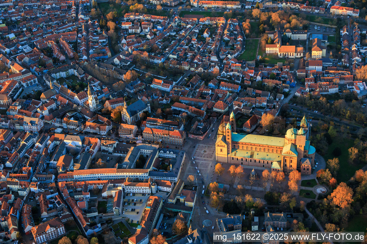 Cathedral at Speyer in autumn at evening light in Speyer in the state Rhineland-Palatinate, Germany out of the air