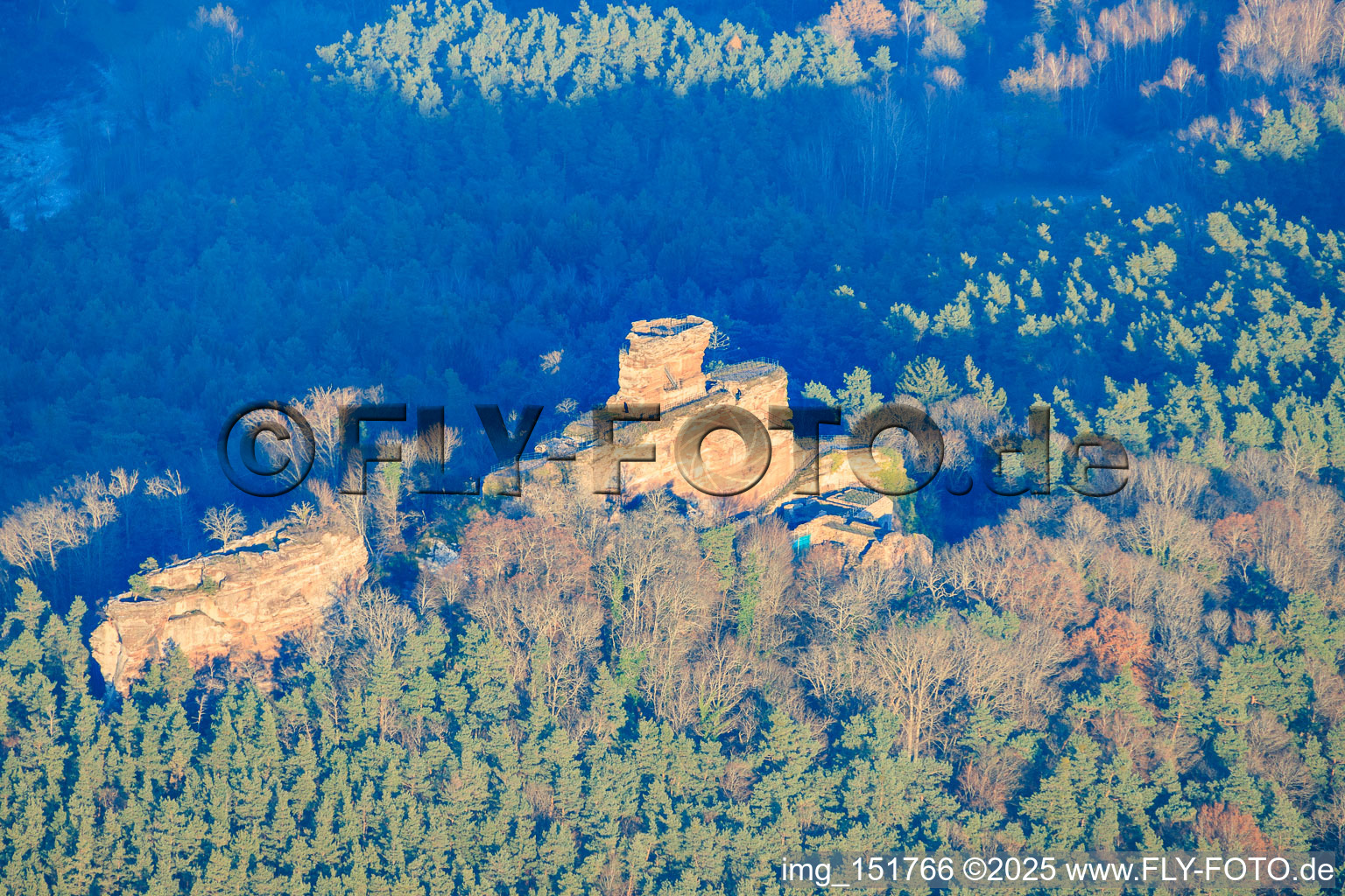 Drachenfels Castle ruins in the evening light in Busenberg in the state Rhineland-Palatinate, Germany