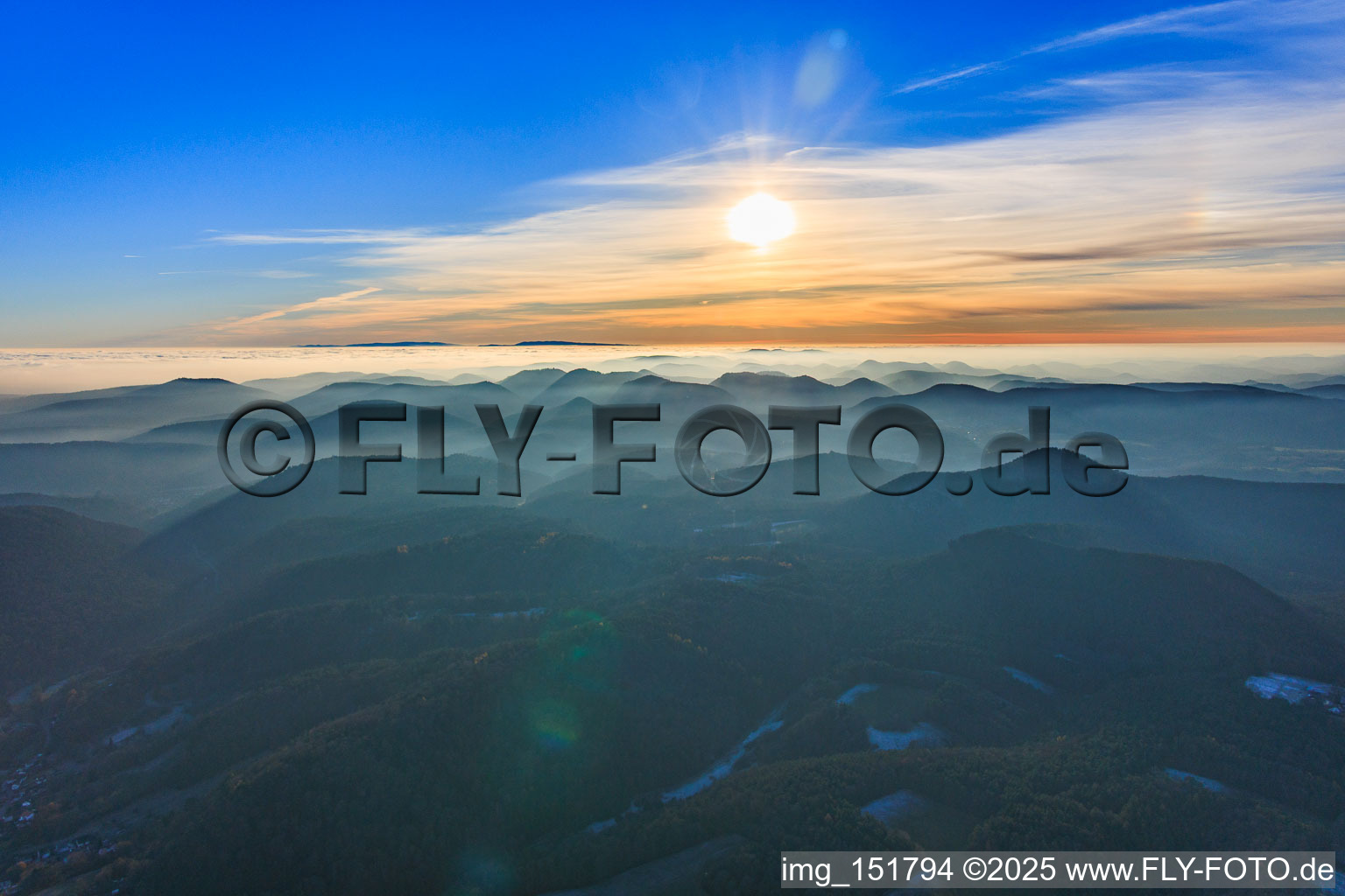 View towards the Black Forest across the Rhine plain in clouds in Erlenbach bei Dahn in the state Rhineland-Palatinate, Germany