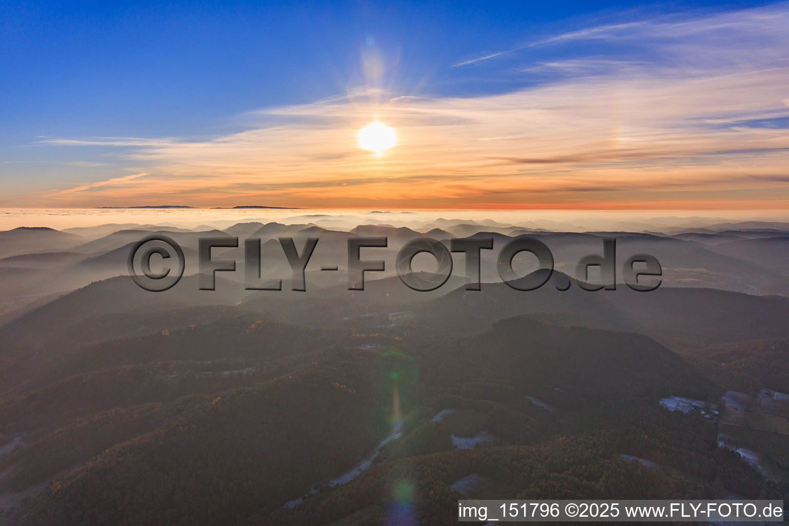 View towards the Black Forest across the Palatinate Forest and the Rhine plain in clouds in Bobenthal in the state Rhineland-Palatinate, Germany