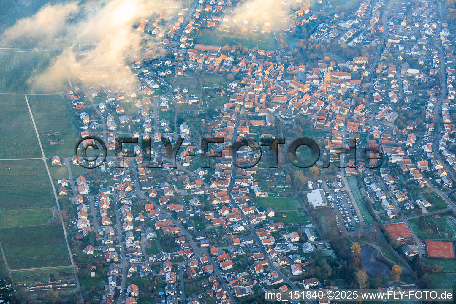 View of the town from the west under clouds in Klingenmünster in the state Rhineland-Palatinate, Germany