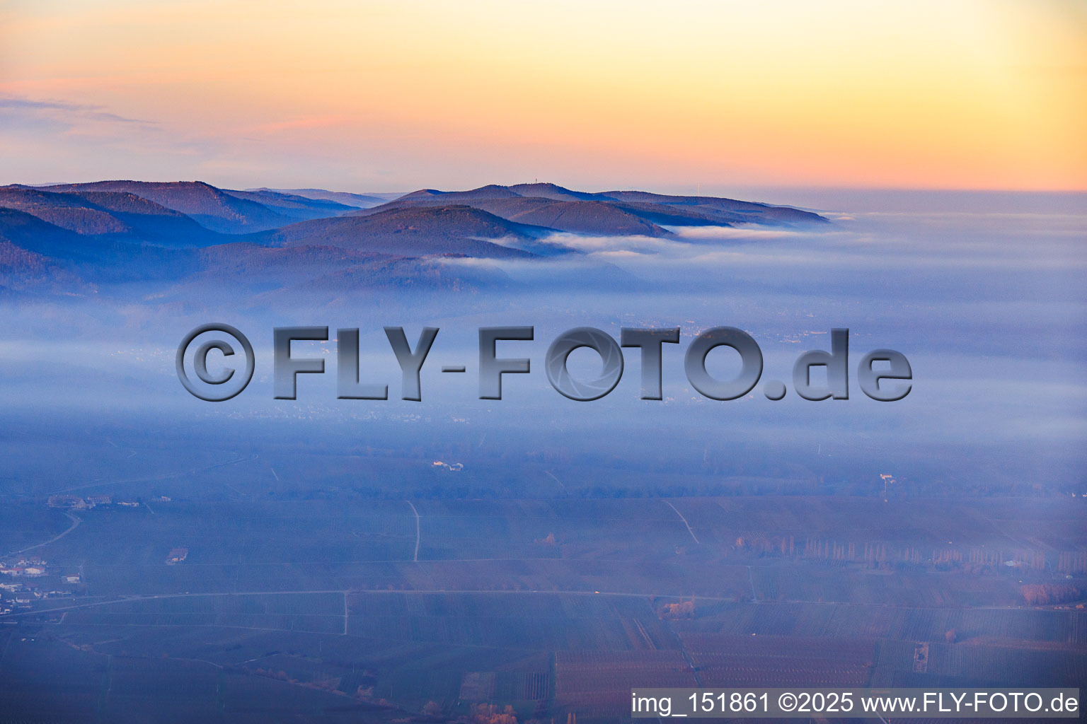 Hills of the Palatinate Forest between Dernbach Valley and the Wine Route with low clouds in Frankweiler in the state Rhineland-Palatinate, Germany
