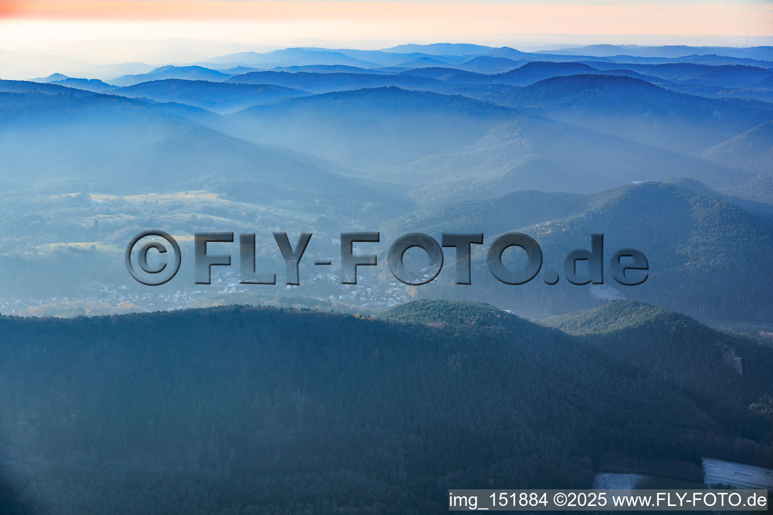 Palatinate Forest in the haze in Bruchweiler-Bärenbach in the state Rhineland-Palatinate, Germany