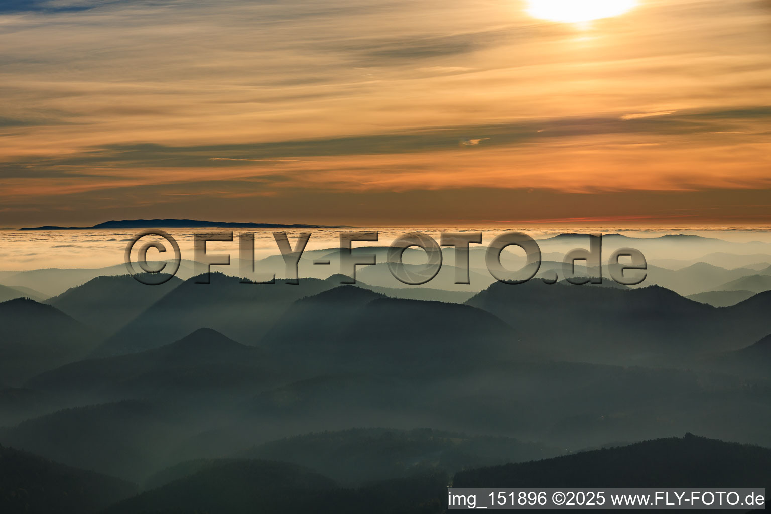 Aerial view of View towards the Black Forest across the Rhine plain in clouds in the district Schweigen in Schweigen-Rechtenbach in the state Rhineland-Palatinate, Germany