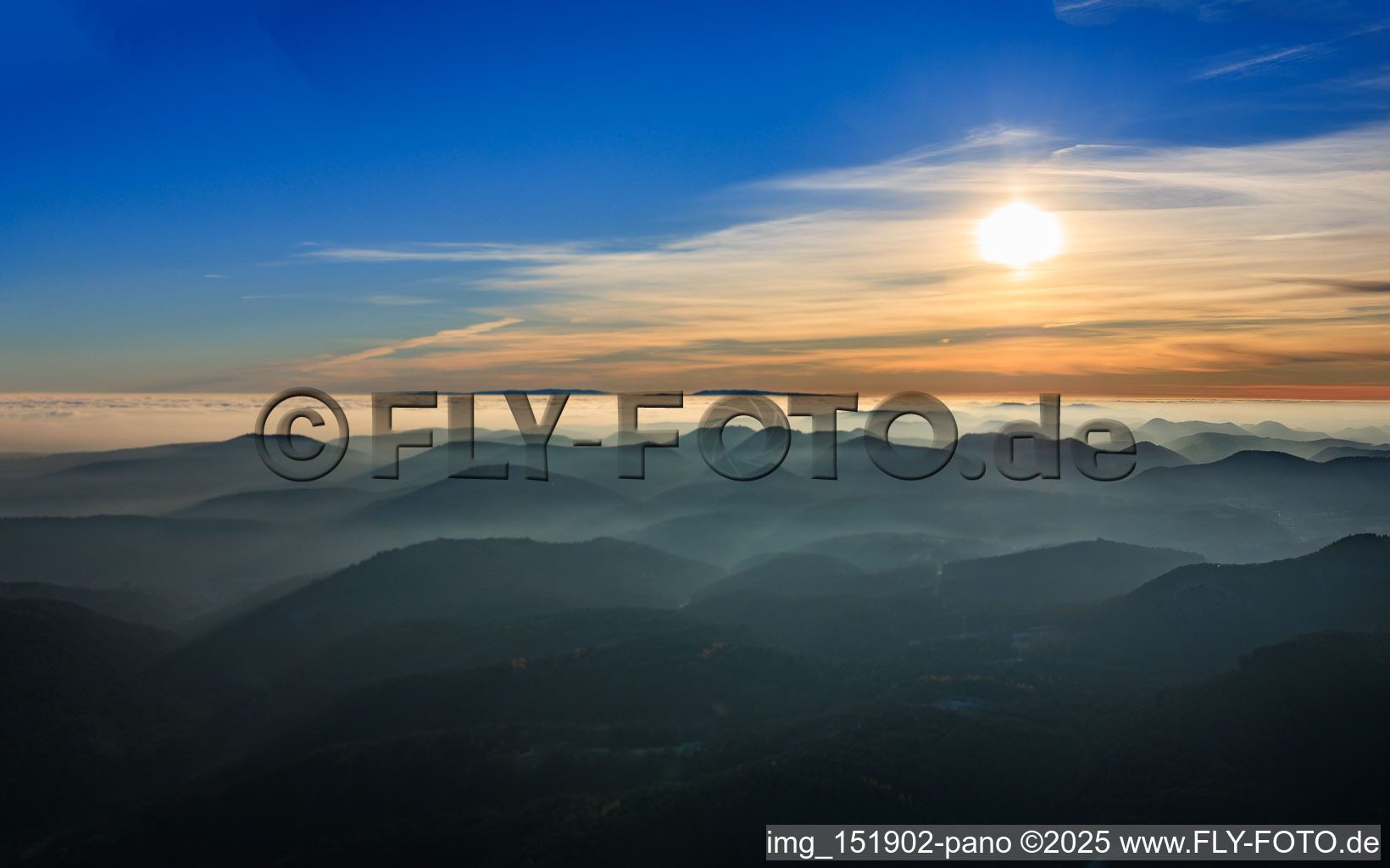 View towards the Black Forest across the Rhine plain in clouds in Wissembourg in the state Bas-Rhin, France