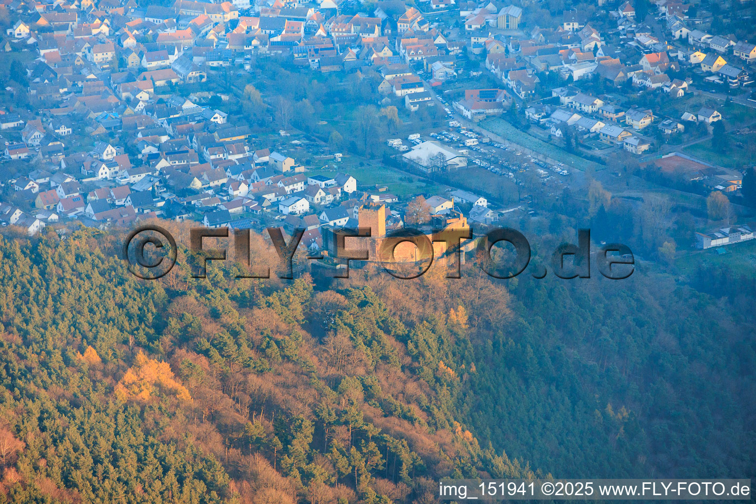 Aerial view of View of the town from the west with Landeck Castle in the evening light in Klingenmünster in the state Rhineland-Palatinate, Germany
