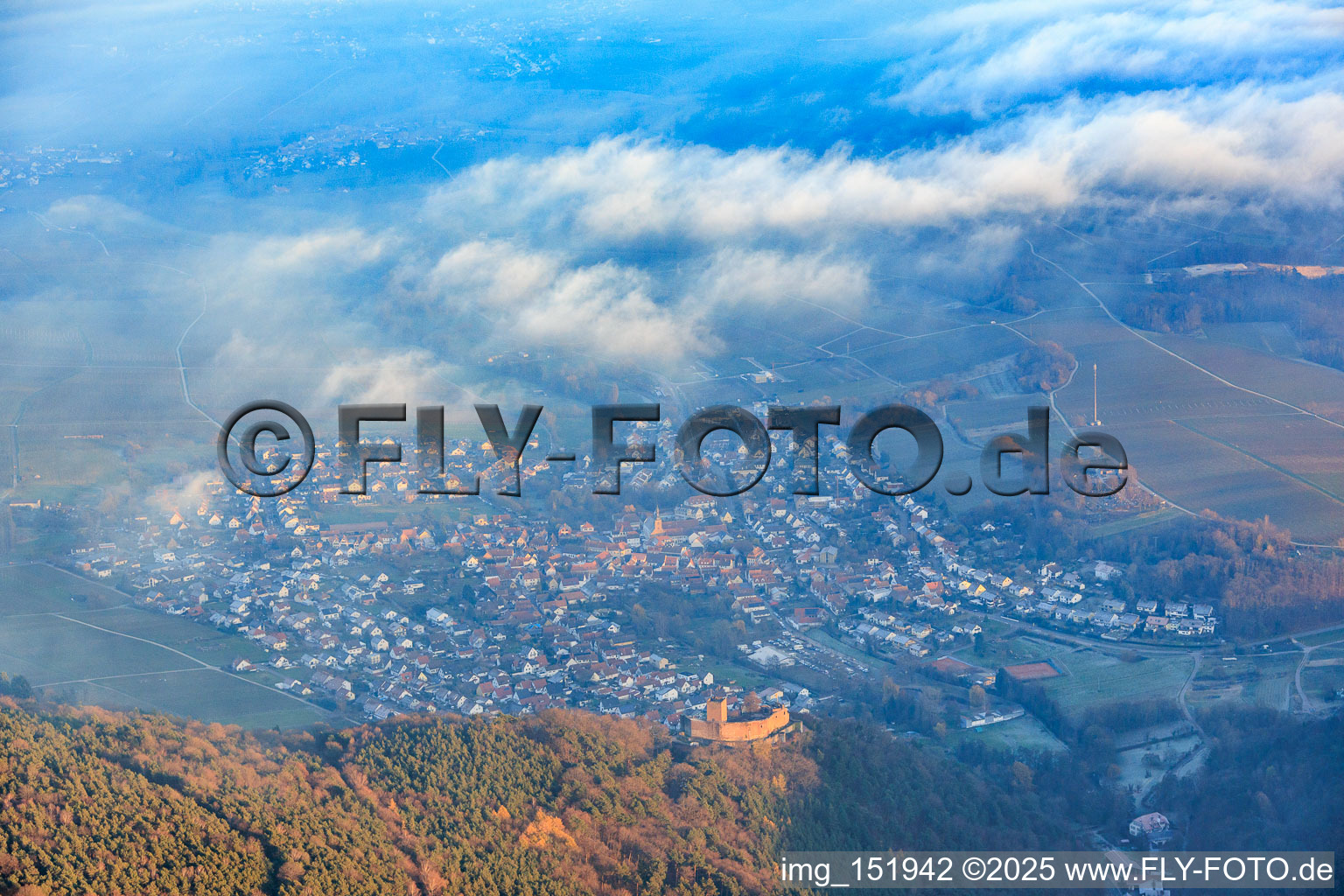 Aerial photograpy of View of the town from the west with Landeck Castle in the evening light in Klingenmünster in the state Rhineland-Palatinate, Germany