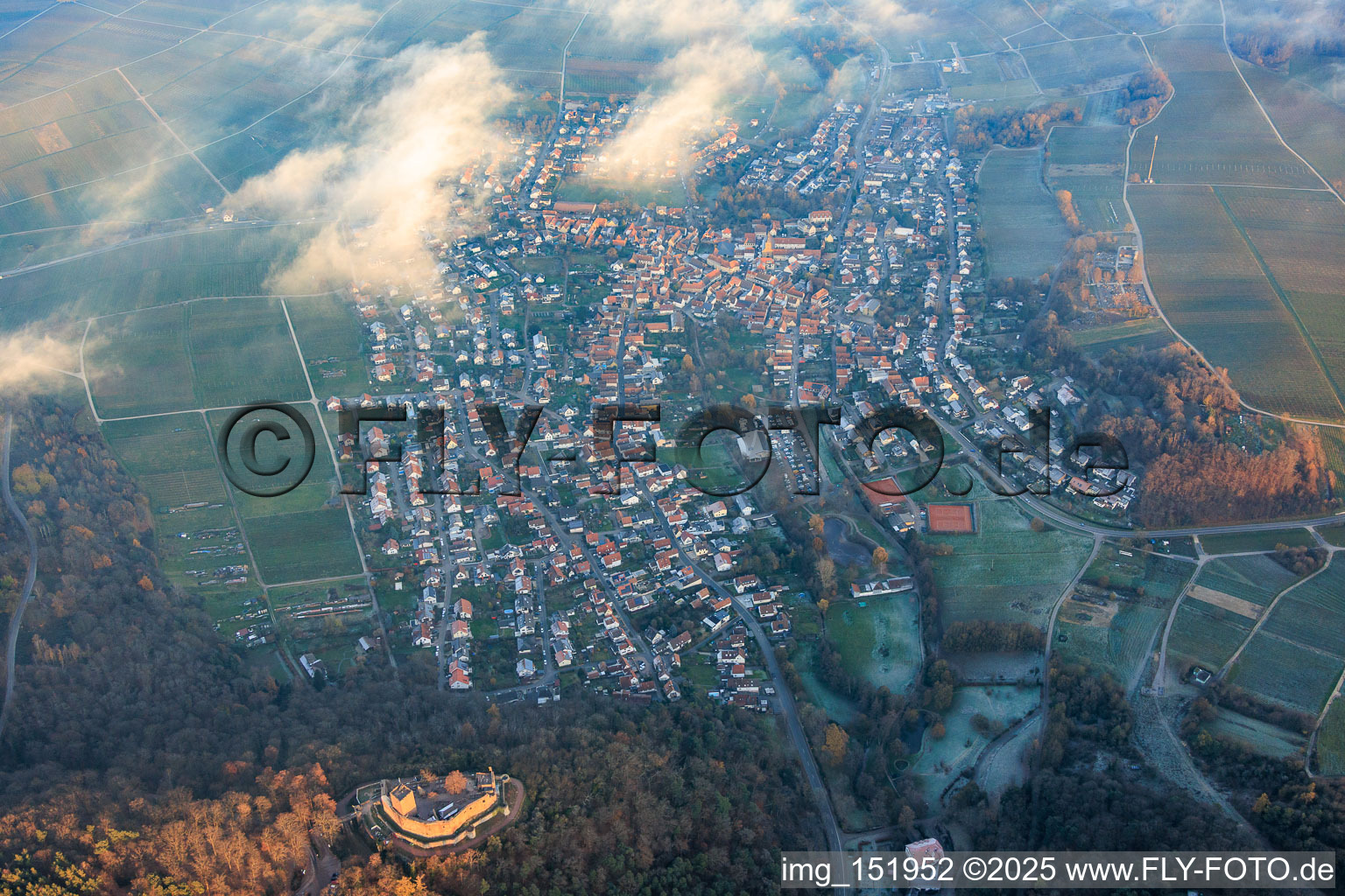 Oblique view of View of the town from the west with Landeck Castle in the evening light in Klingenmünster in the state Rhineland-Palatinate, Germany