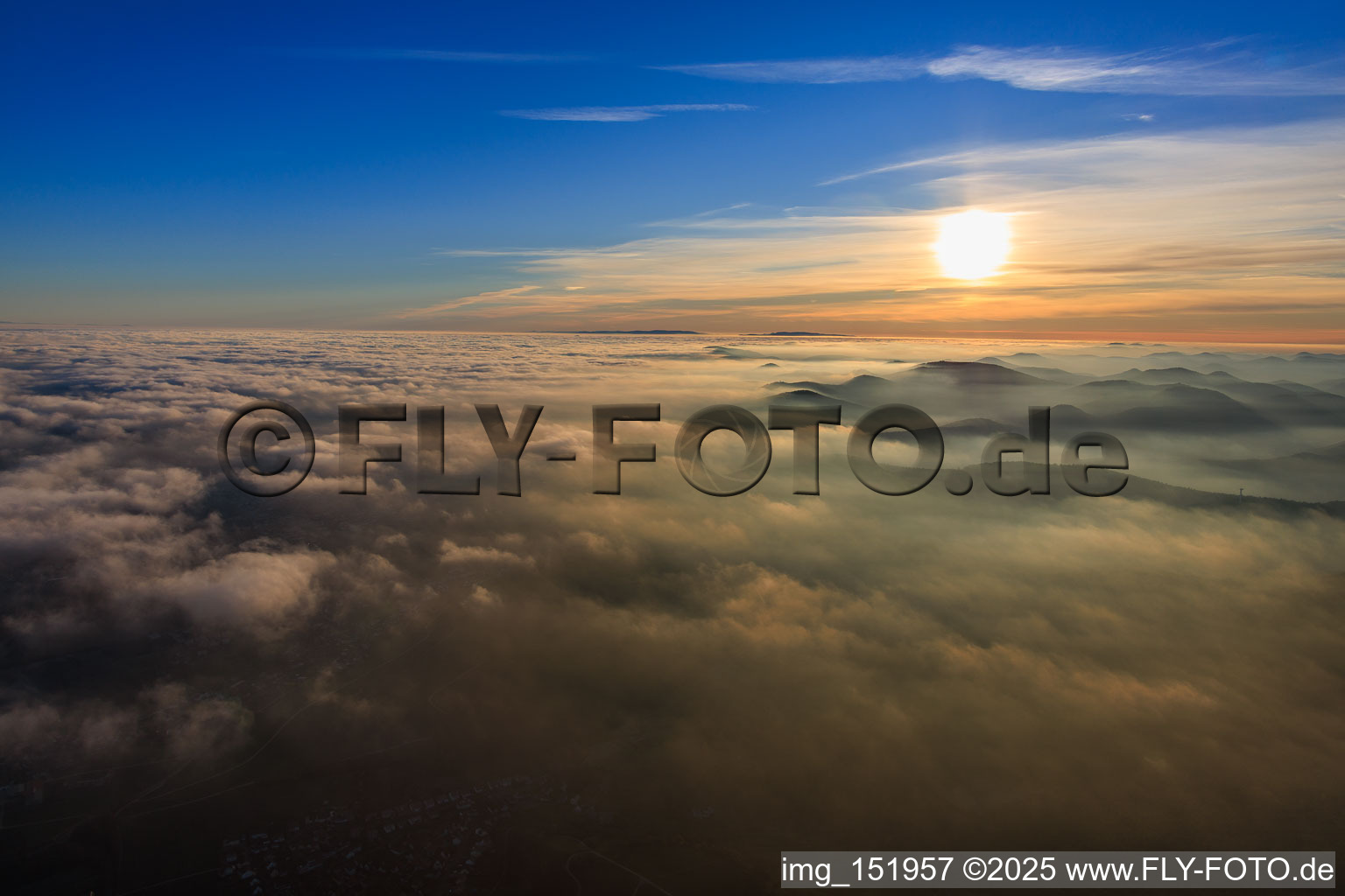 Low clouds over the Rhine plain in the district Rechtenbach in Schweigen-Rechtenbach in the state Rhineland-Palatinate, Germany