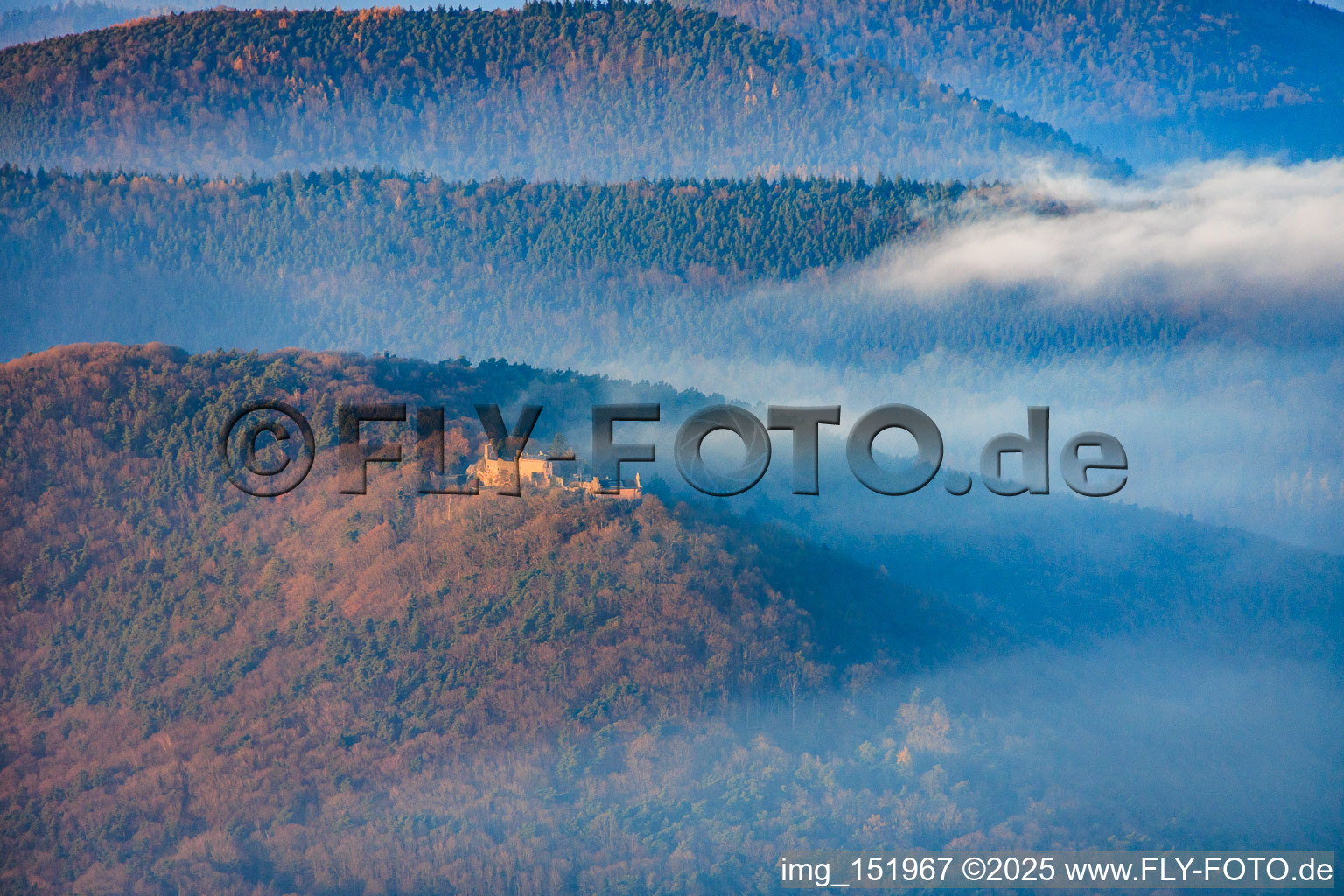 Madenburg from the south in the evening in Eschbach in the state Rhineland-Palatinate, Germany