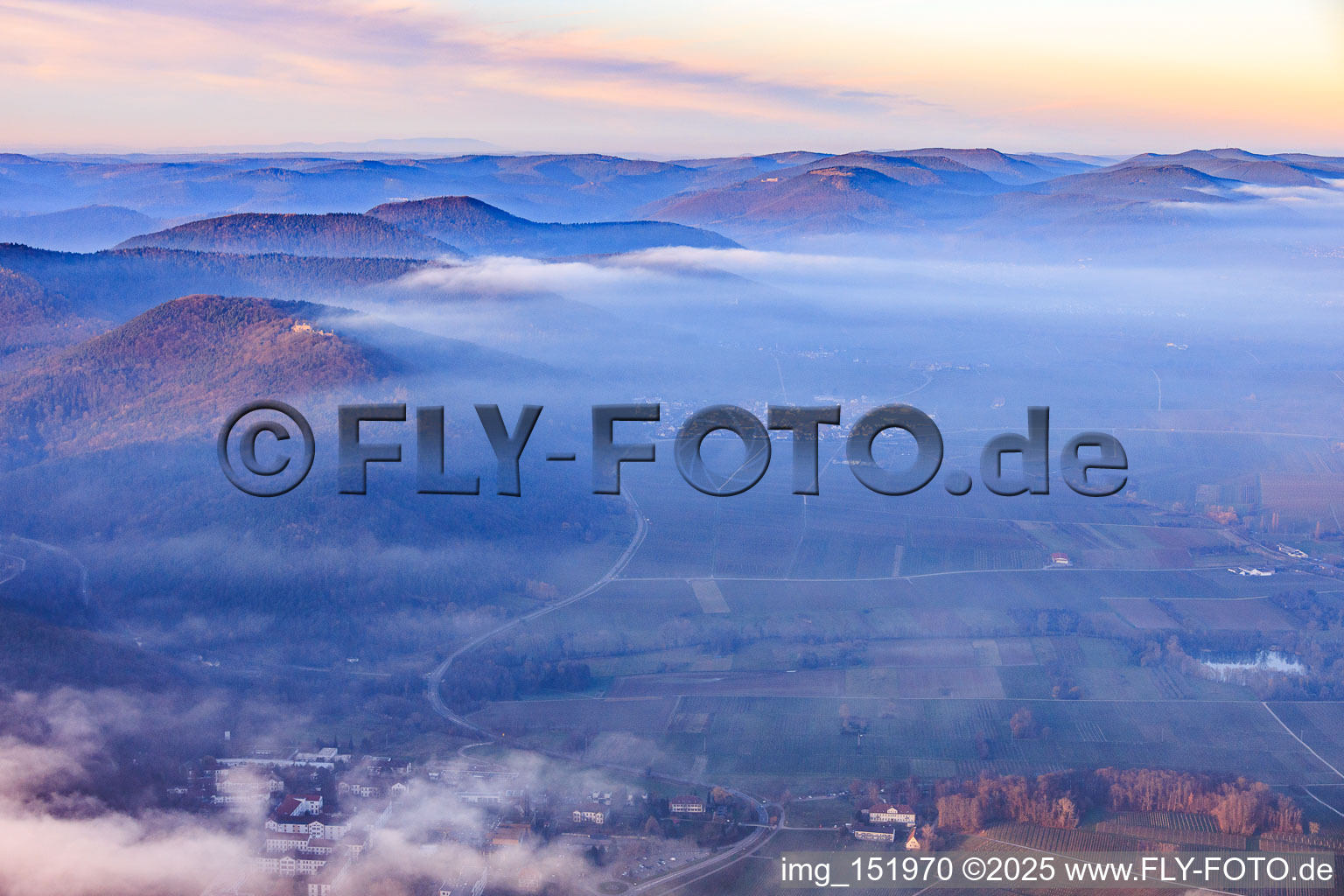 Aerial view of Low clouds over the wine route in Eschbach in the state Rhineland-Palatinate, Germany