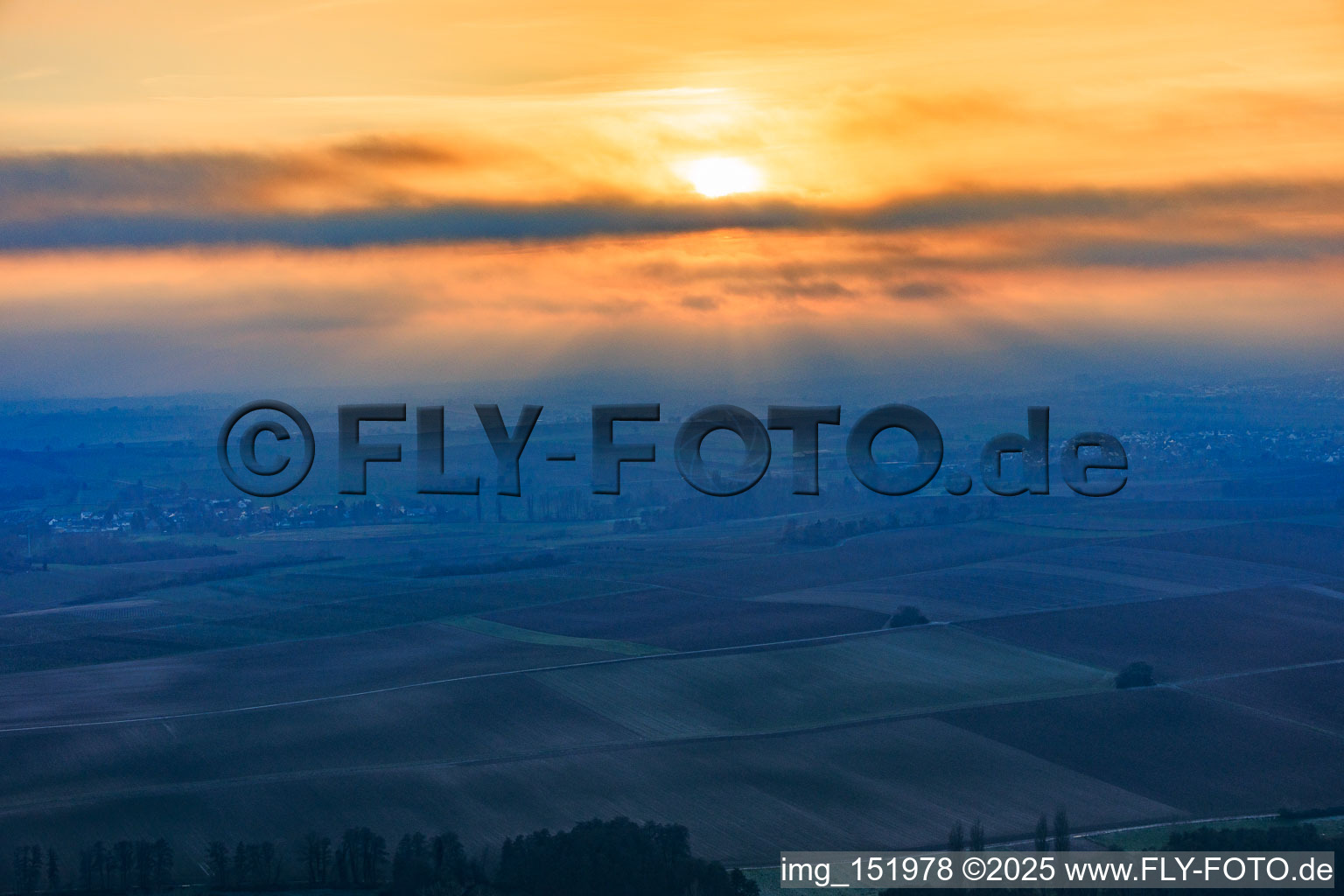 Sunset with low clouds in Oberhausen in the state Rhineland-Palatinate, Germany